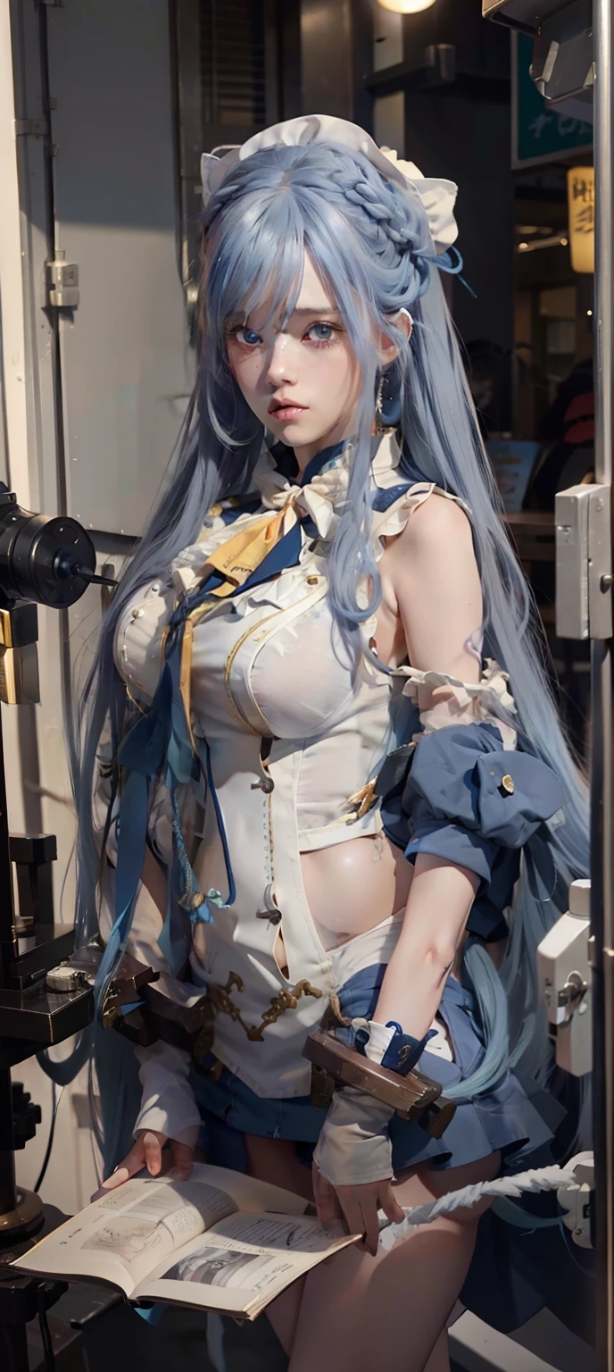 Close-up of a man with long blue hair in a sailor's costume, an anime drawing inspired by Rei Kamoi, trending on pixiv, tachisme, Anime girl cosplay, Anime girl in real life, long  white hair, Perfect white haired girl, She has a cute face, anime-inspired, She has milky white skin!!!, as an anime character，Super big breasts，exposed