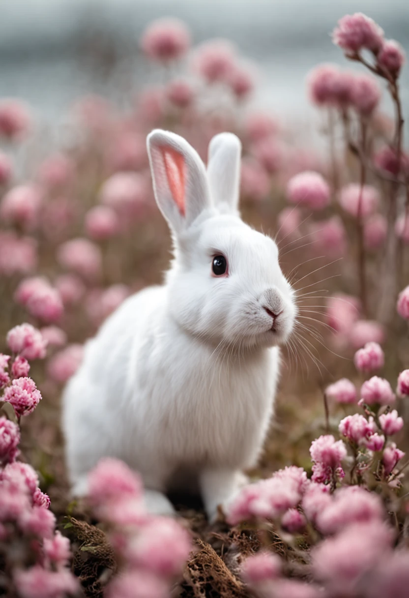 The bunny is small and cute, with a white coat soft as cotton. His eyes are big and bright, conveying a charming sweetness and innocence. Their ears are long and droopy, giving it a lovely look. O coelhinho tem um focinho rosado e pequenas patinhas que se movem de maneira delicada. His fur is so soft that it makes you want to stroke it. He always seems to have a friendly, curious expression on his face. His presence brings a comforting and affectionate feeling. With its charming appearance, o coelhinho branco fofinho cativa a todos e traz alegria para qualquer ambiente.