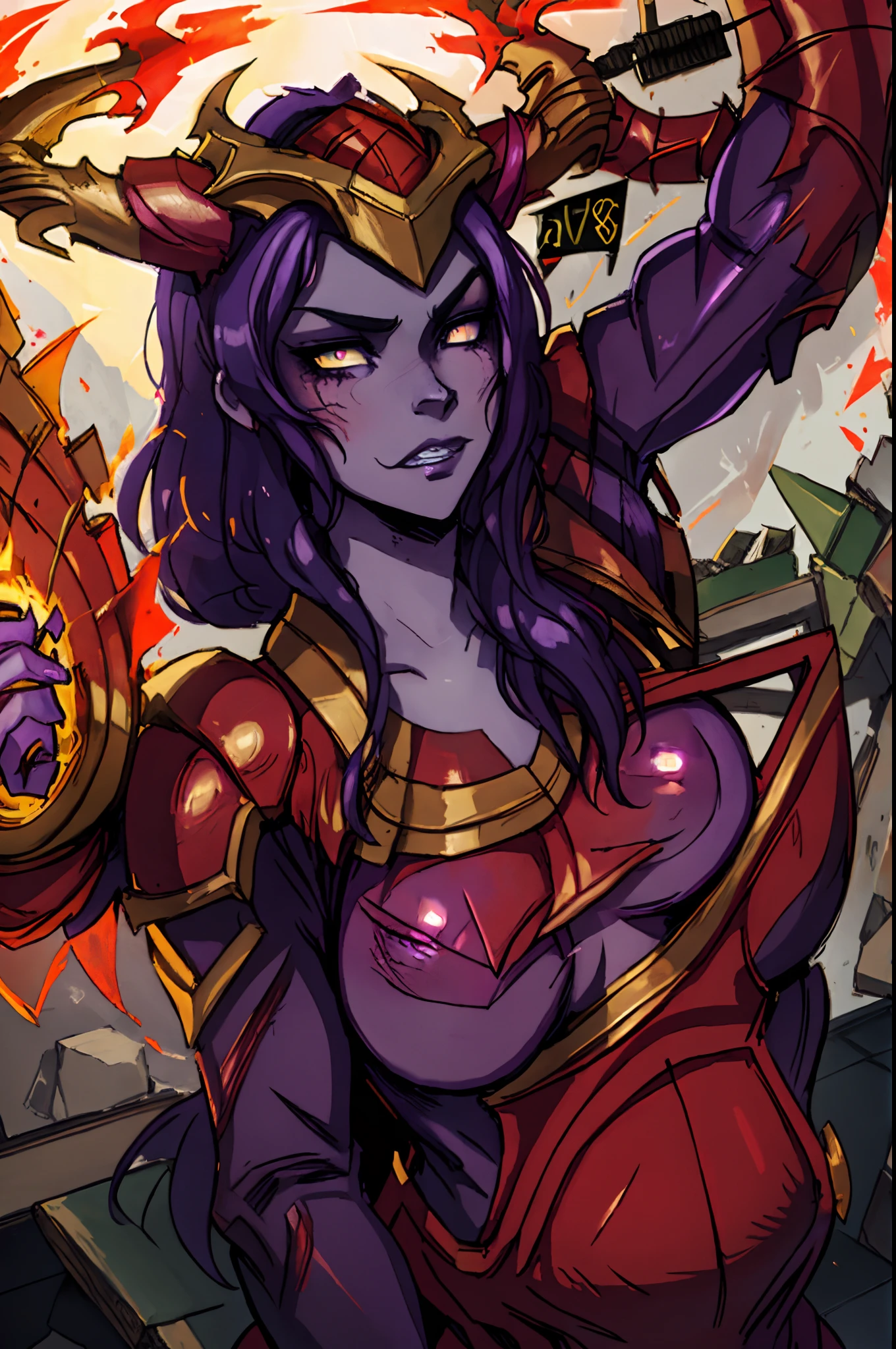 The_Half_Dragon_Shyvana, (Purple_skin:1.2), (dragon girl:1.3), upper body, (bodysuit:1.3),(detailed eyes:1.1),mature, fire particles, simple background,angry, medieval battle scene, large breasts,1girl,side lighting, wallpaper 4k ,high quality novel illustration,  glare, looking at viewer, best quality, (masterpiece:1.4), backlighting, extremely detailed CG, thicc, portrait, close up