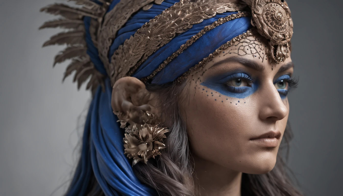 Indian warrior, neolithic, 3d fractals, 3d printing, cobalt blue color, burnt amber, black, astropunk, ambient lighting