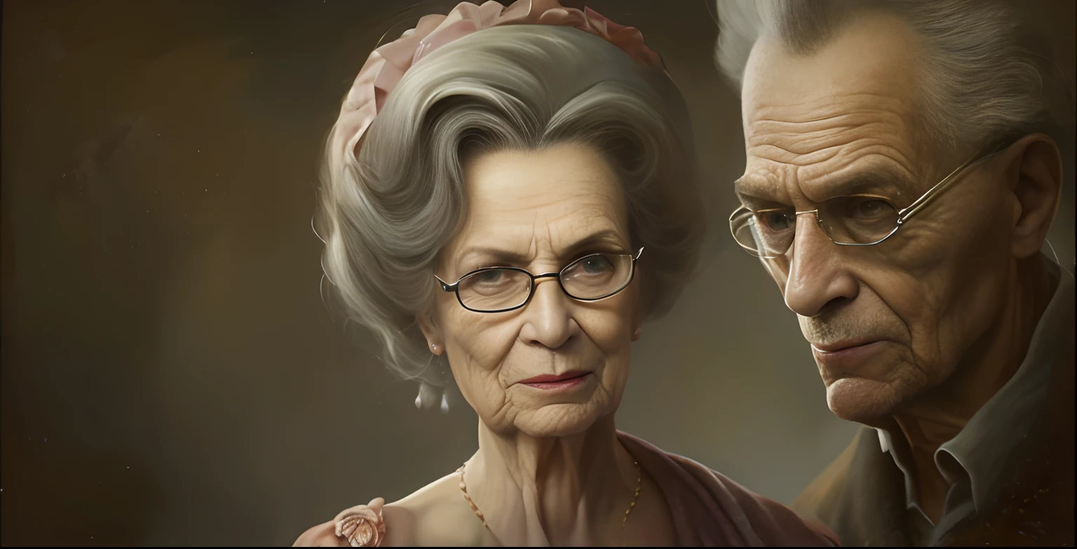 pintura de um homem e uma mulher olhando um para o outro, closeup retrato de personagem, Closeup da arte do personagem, Velha, retrato de personagem de closeup, Martin Ansin, Retrato da obra, granny weatherwax, Directed by: Laszlo Balogh, arte do retrato do personagem, retrato da arte do personagem, Directed by: Ludwik Konarzewski, retrato da arte do conceito do personagem, retrato detalhado do caractere