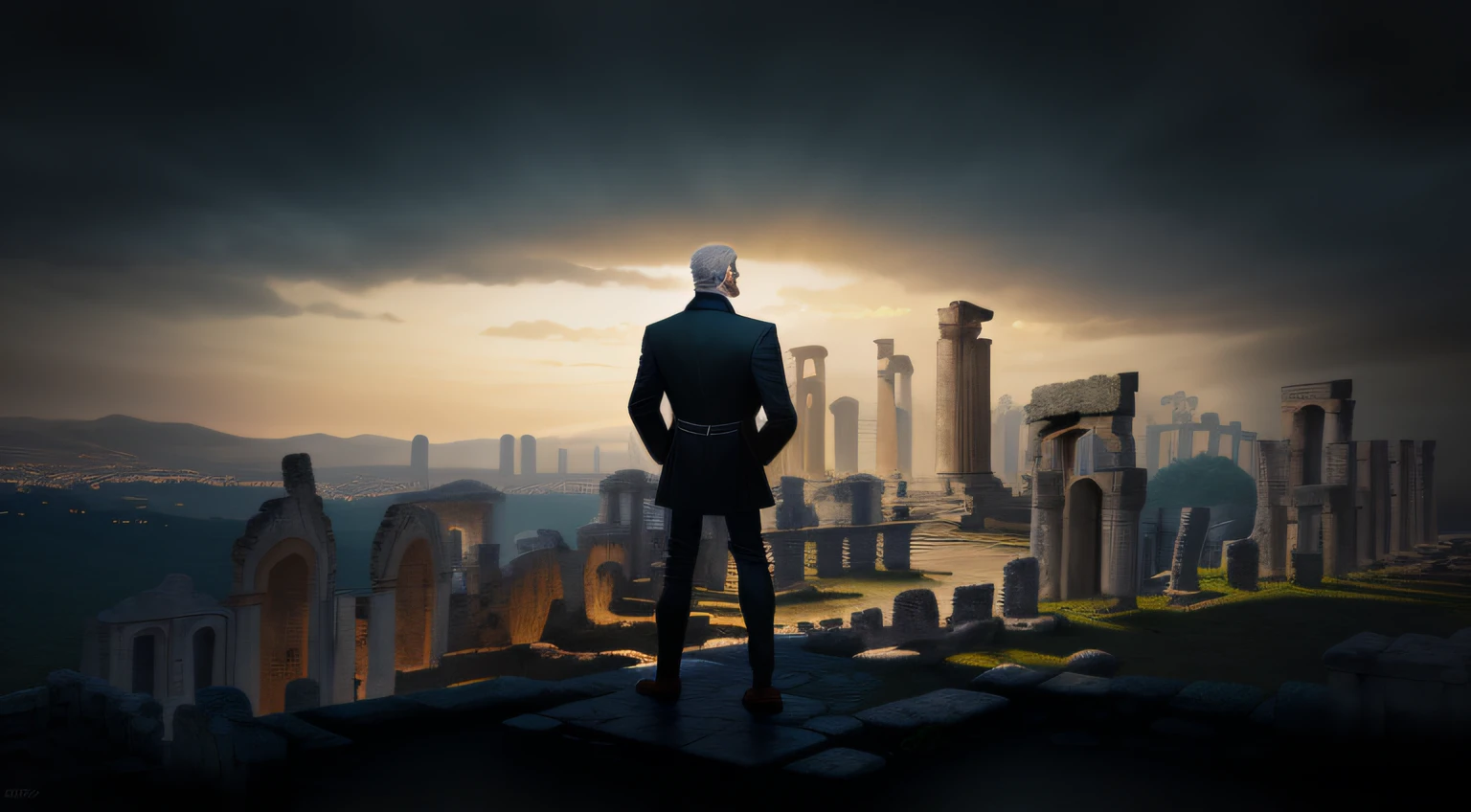 Homem de cabelos brancos , jacket dress walking in front of a large arch, standing before ancient ruins, in ancient ruins of the city, Ancient ruins behind it, persephone in spring, em uma cidade antiga, beautiful ancient ruins behind, jacket dress, ancient greek temple ruins, Deus grego idoso, standing in ruins, Ancient Greek ruins, Deus grego velho, Homem de cabelos brancos, jacket dress, standingn.