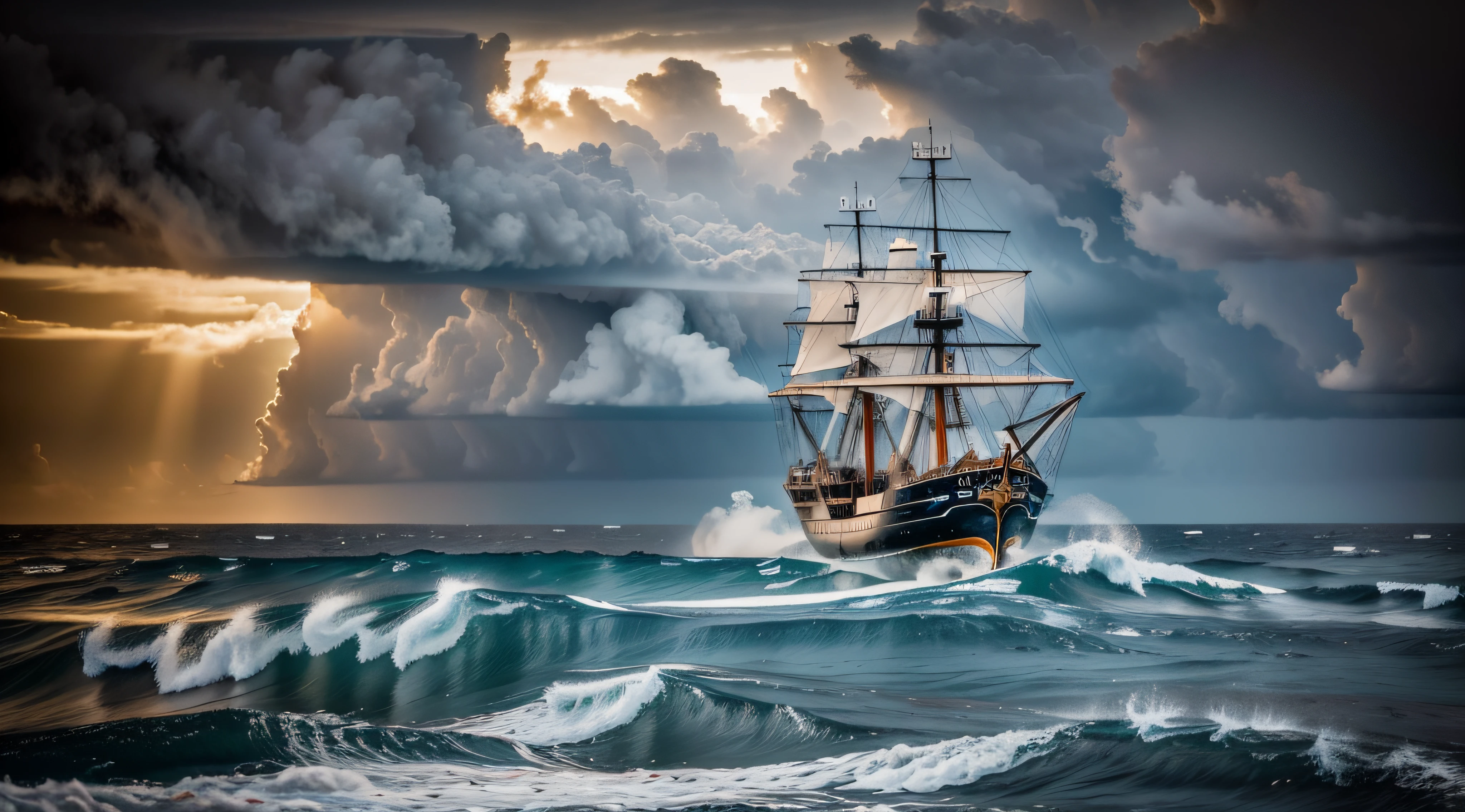 "Generate an ultra-high definition image depicting an ancient pirate ship amidst a furious storm, with colossal ocean waves crashing around it. Utilize advanced shutter speed settings to freeze the chaotic motion of the waves and capture the ship's details amidst the tumult.
Position the camera to capture the ship's profile in a dynamic angle, showcasing its weathered masts and billowing sails against the backdrop of towering waves. Implement diffused lighting to accentuate the ship's textures and create dramatic contrasts between light and shadow.
Employ a fast shutter speed to freeze the splashes and foam of the crashing waves, capturing the immense power and energy of the stormy sea. Experiment with white balance settings to convey the moody atmosphere of the scene, emphasizing the cool tones of the storm and the ship's aged wood.
Frame the ship using the rule of thirds to create a balanced and engaging composition, allowing the viewer to appreciate both the ship's character and the overwhelming force of the ocean. Enhance the image's color palette to bring out the rich tones of the ship's hull and the stormy sea.
Implement post-processing techniques to refine the image's contrast, sharpness, and color balance, ensuring that every element, from the ship's rigging to the cresting waves, is rendered with breathtaking clarity.
Ultimately, capture a heart-pounding moment as the pirate ship battles the elements, inviting viewers to witness the clash between human daring and the raw power of nature in an image that encapsulates the drama of the high seas."