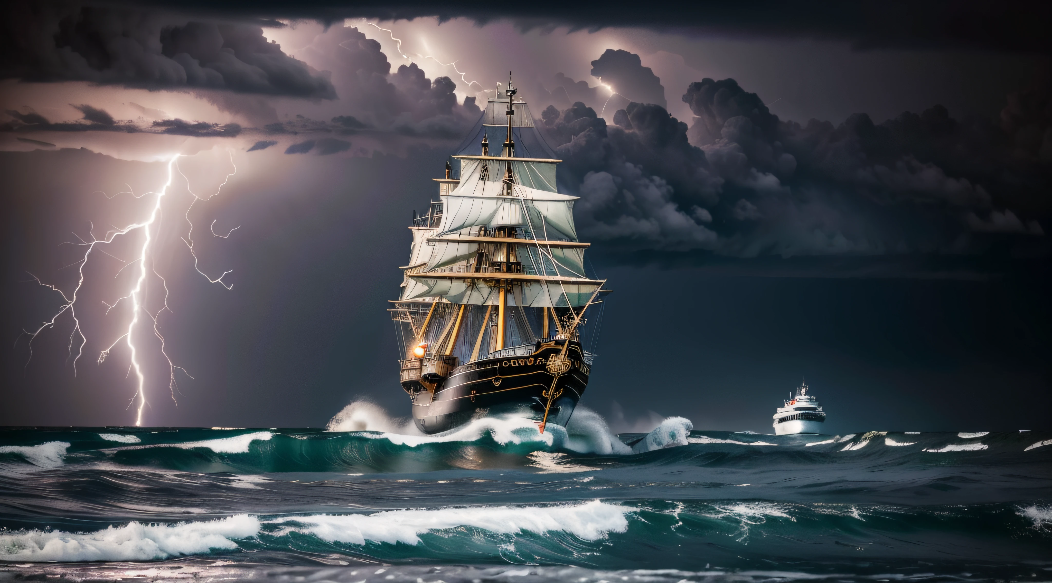 "Generate an ultra-high definition image portraying an ancient pirate ship bravely navigating through a tumultuous storm at sea, with towering ocean waves and electrifying lightning illuminating the chaos. Utilize advanced framing techniques to position the ship centrally, showcasing its rugged beauty and weathered details against the epic backdrop.
Experiment with a fast shutter speed to capture the ship's motion amidst the colossal waves, freezing the dynamic energy of the scene. Employ a wide aperture to create a sense of depth, allowing the viewer to appreciate both the ship's intricate features and the dramatic expanse of the storm.
Enhance the lighting to emphasize the ship's textures and the storm's intensity. Utilize the flashes of lightning to cast dramatic highlights and shadows across the ship's form, creating a captivating play of light.
Capture a lightning strike in mid-action to add a sense of drama and atmosphere. Employ the rule of thirds to frame the ship and the storm in a composition that balances the elements while evoking a feeling of awe and danger.
Implement post-processing techniques to refine the image's contrast, sharpness, and color balance, ensuring that every aspect, from the ship's weathered wood to the crashing waves, is rendered with breathtaking detail.
Ultimately, convey the thrilling adventure of a pirate ship battling nature's fury, inviting viewers to experience the awe-inspiring spectacle of a ship's journey through a storm's epic power and elemental grandeur."