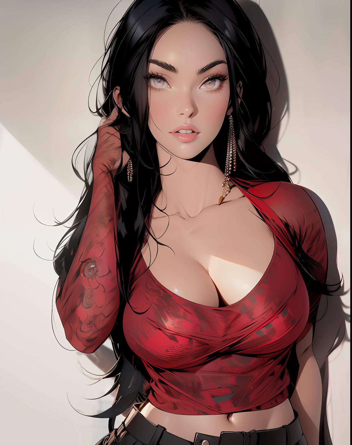 a close up of a woman wearing a red top and black pants, very attractive and beautiful, sexy girl, beautiful detailed body and face, very realistic looking, skydoll noa, black hair and large eyes, bust with a long beautiful neck, sexy look, bust with a beautiful neck, 18 years old, attractive and beautiful, sexy look at the camera