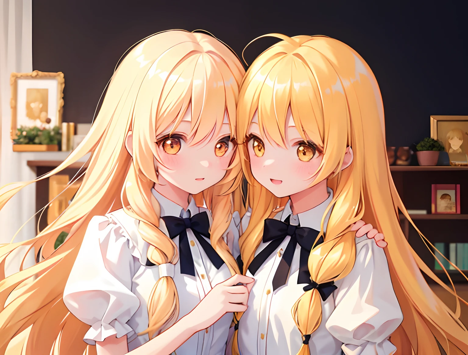 2girls,Girl1:,adolable,golden hair,long whitr hair,girl 2:golden hair,long whitr hair,Touch each other's chests