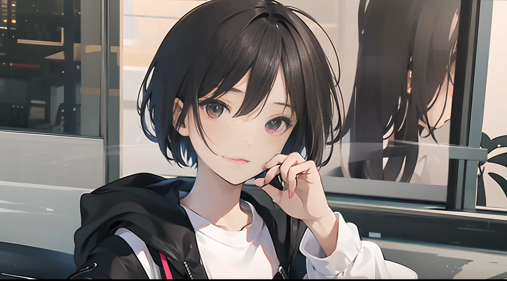 there is a woman with a black jacket and a white shirt, lofi portrait, portrait of jossi of blackpink, lofi girl, with short hair, cynthwave, lofi portrait at a window, chiho, lofi, 3 5 mm portrait, a young asian woman, film portrait, soft portrait shot 8 k, lofi artstyle