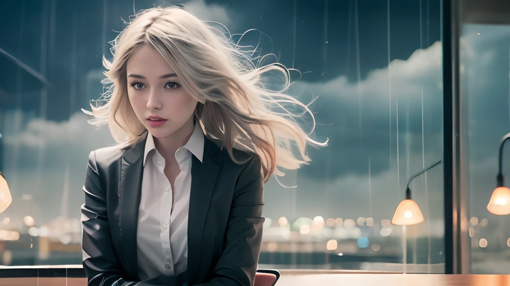 (8K, Top quality, Masterpiece: 1.2), (Realistic, Photorealistic: 1.37), Super detailed, Girl 1 person, Cute, Alone, Beautiful detailed sky, Detailed café, Night, Sitting, Date, (Blush), (Smile: 1.15),(Closed)small,Beautiful fine eyes,(Shirt with collar:1.1),Night,Wet,business dress,rain,White lace,(Medium hair:1.2), Floating hair NovaFrogStyle,