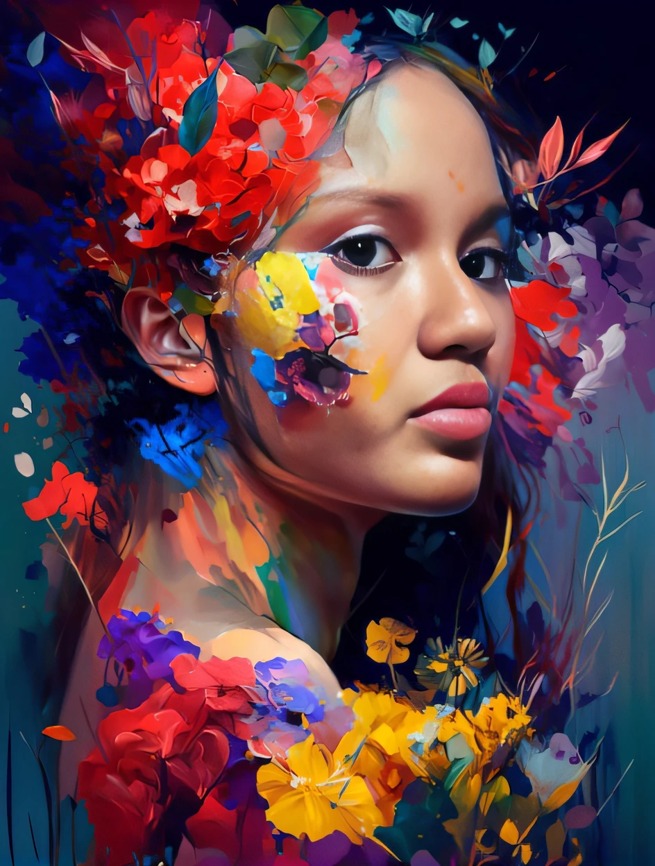 uma pintura de uma mulher com flores no cabelo, Wadim Kashin. ultra realistic, bela arte digital, pintura digital colorida, pintura digital vibrante, digital art oil painting, lindo pintura digital, intricate and intense oil paint, pintura digital impressionante, pintura digital bonita, pintura de arte digital, lindo arte digital, arte da pintura digital, intrincada pintura digital, linda arte digital linda
