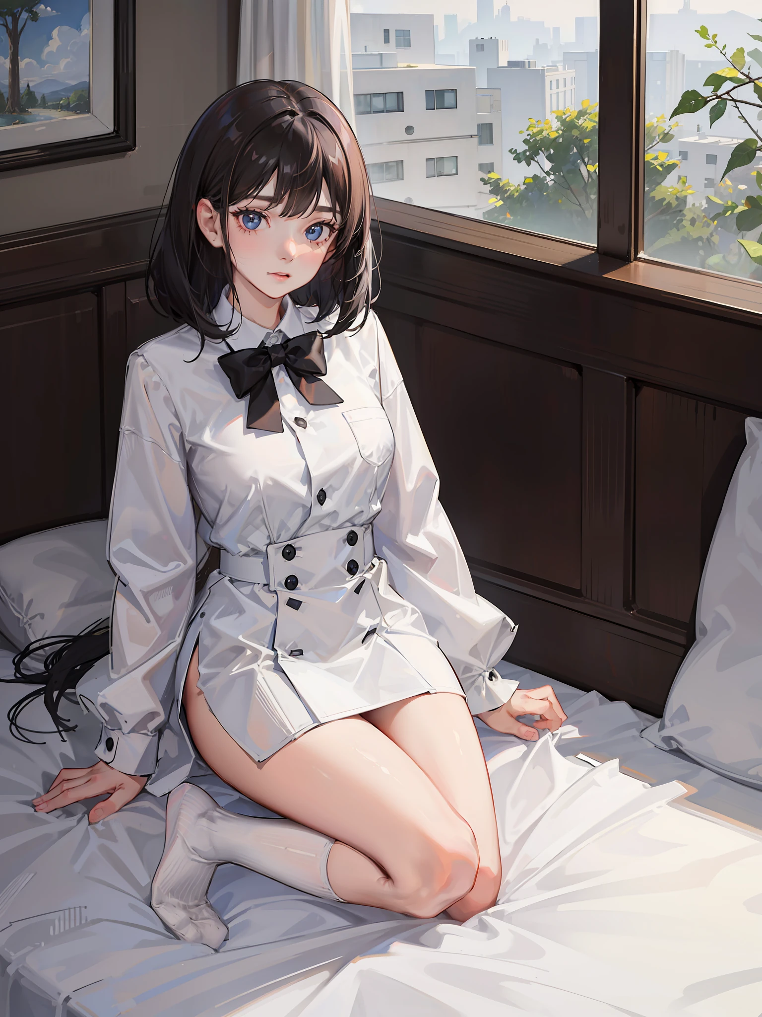 black color hair，Jk young girl with short and medium black hair，white short socks，White pile socks，8K，Need,tmasterpiece,Bedrooms，inns，whaite hair,Blue-eyed girl kneeling in front of the bed,White shirt with buttons unbuttoned,seminude，Look up at the perspective:1.5,Raised sexy,Hairline,is shy，Be red in the face，Fair skin,Cut off bangs，[Remove the white stockings from the legs with both hands]，Lower body naked，sitting on his knees on the bed，is shy