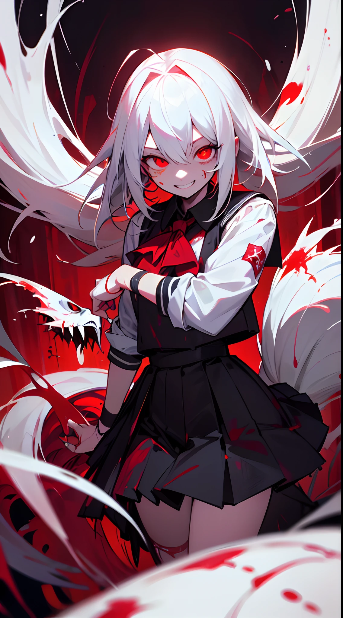 hyper super ultra detailed perfect piece, illustration, masterpiece, very fine 8K CG, (girl,carnage,white hair,red eye,cute,scary smile,wearing school uniform,blood arm,blood tail),(buddy blood creatures,blood blade),,insanevoid, glowing eyes, extra eyes, horror \(theme\)