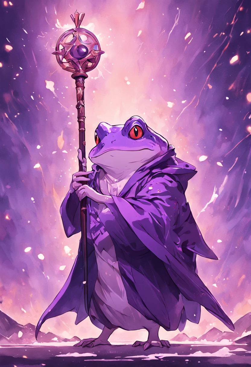 "(muitos detalhes, qualidade de obra-prima), Realistic tattoo illustration, A frog wearing purple wizard clothes and holding a magic wand"
