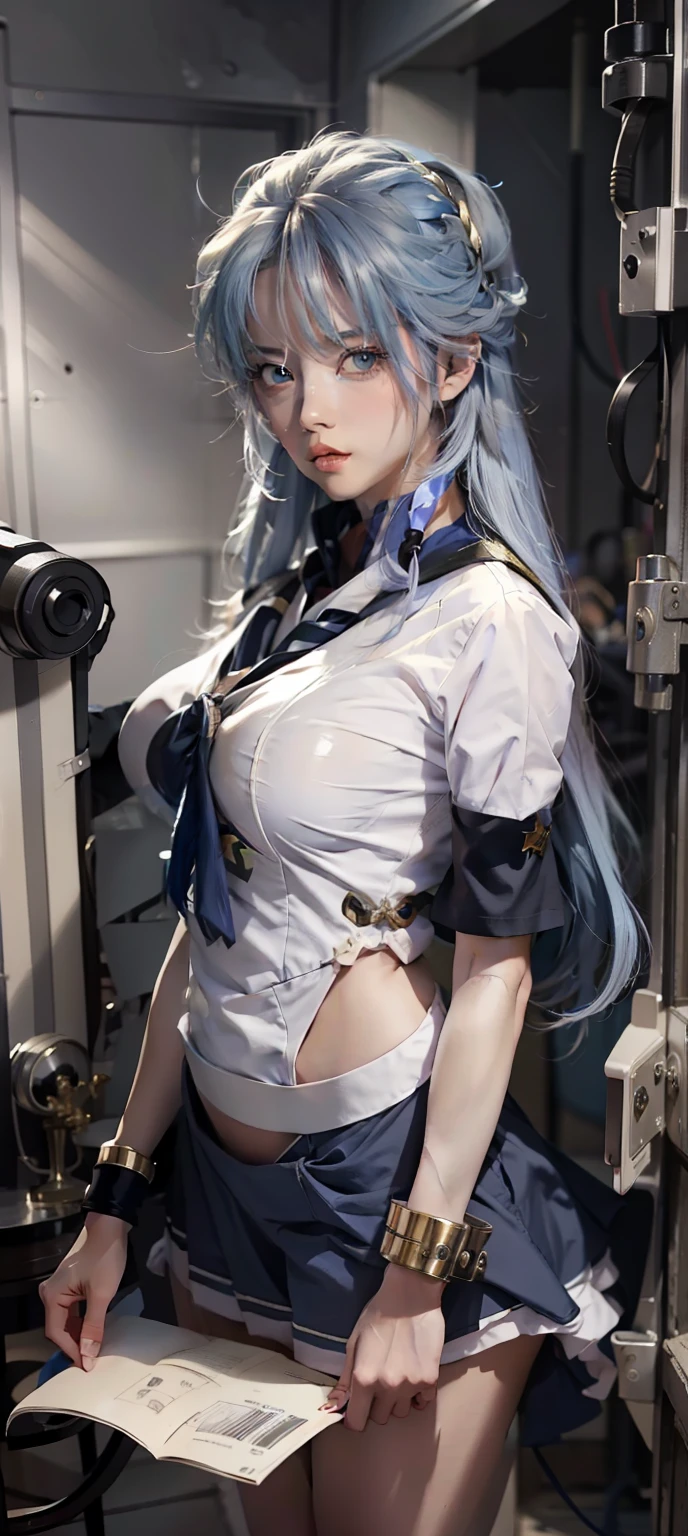 Close-up of a man with long blue hair in a sailor's costume, an anime drawing inspired by Rei Kamoi, trending on pixiv, tachisme, Anime girl cosplay, Anime girl in real life, long  white hair, Perfect white haired girl, She has a cute face, anime-inspired, She has milky white skin!!!, as an anime character，Super big breasts，exposed