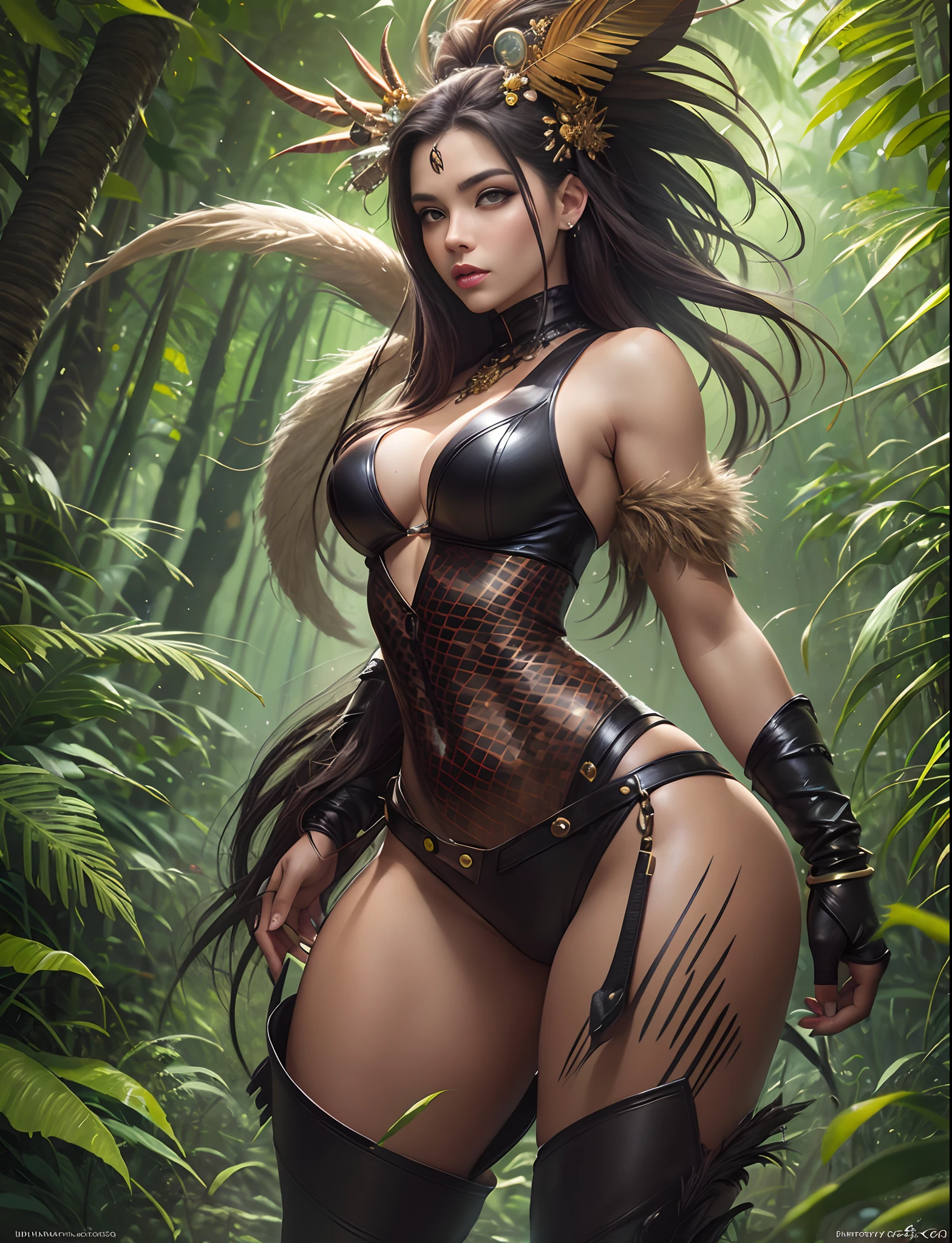 painting of an amazon woman with a jaguar on her head, stunning digital illustration, fantasy art behance, full length brazil tribal princess portrait, dynamic pose in ((feather and leather outfit)) Karol Bak UHD, portrait Fantasy Concept Art Artwork, Fantasy Portrait Art, Detailed Painting 4K, Deviantart Artstation CGSCOSIETY, Beautiful Digital Artwork, Alena Aenami and Artgerm, Amazon Warrior, Amazon in the Jungle