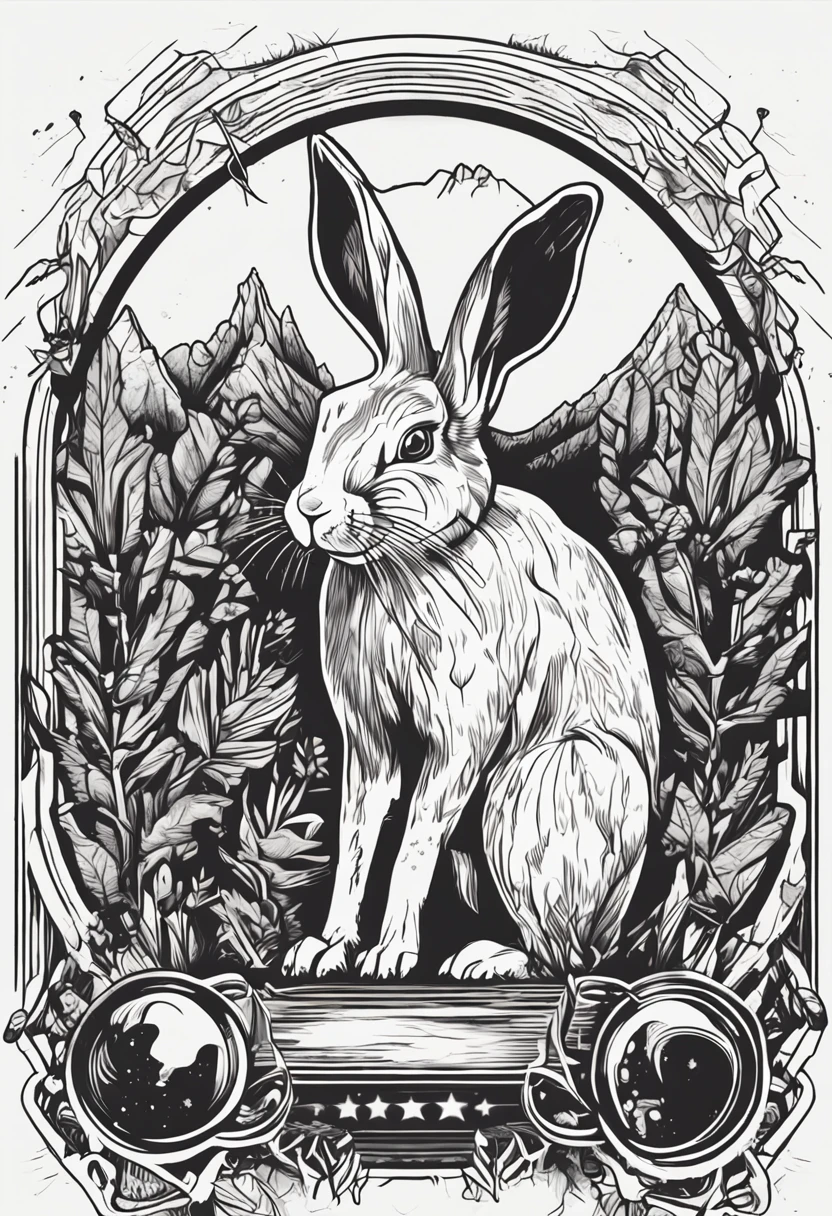 /imagine prompt: rabbit illustration for a sticker with a black background, in bold outline style, jagged edges, trashcore, light shading --v 5.2