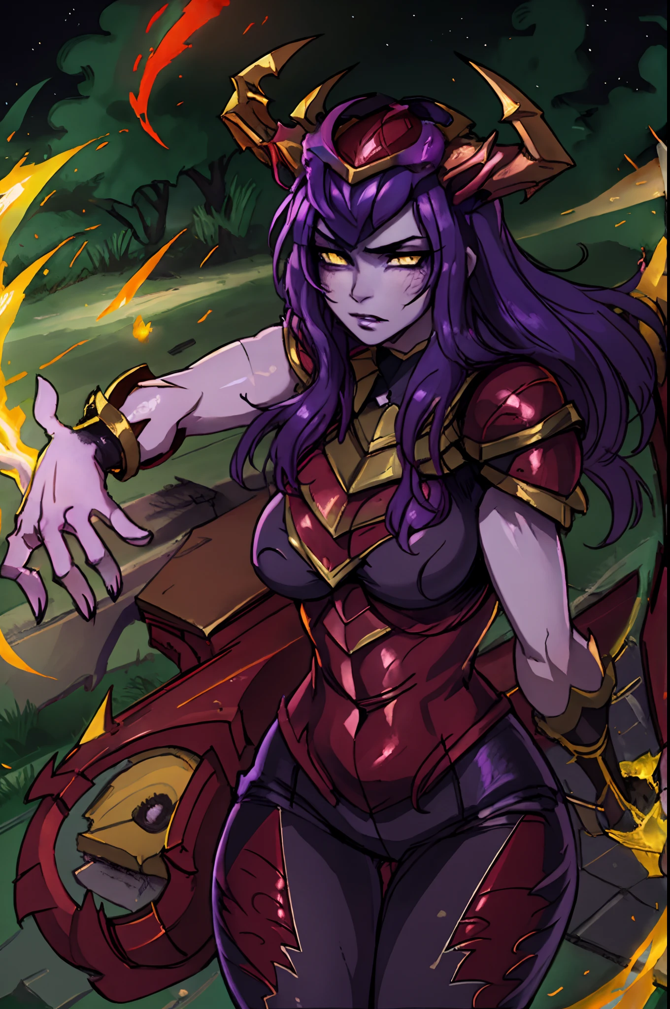 The_Half_Dragon_Shyvana, (Purple_skin:1.2), (dragon girl:1.3), upper body, (bodysuit:1.3),(detailed eyes:1.1),mature, fire particles, simple background,angry, medieval battle scene, large breasts,1girl,side lighting, wallpaper 4k ,high quality novel illustration,  glare, looking at viewer, best quality, (masterpiece:1.4), backlighting, extremely detailed CG, thicc, portrait, close up