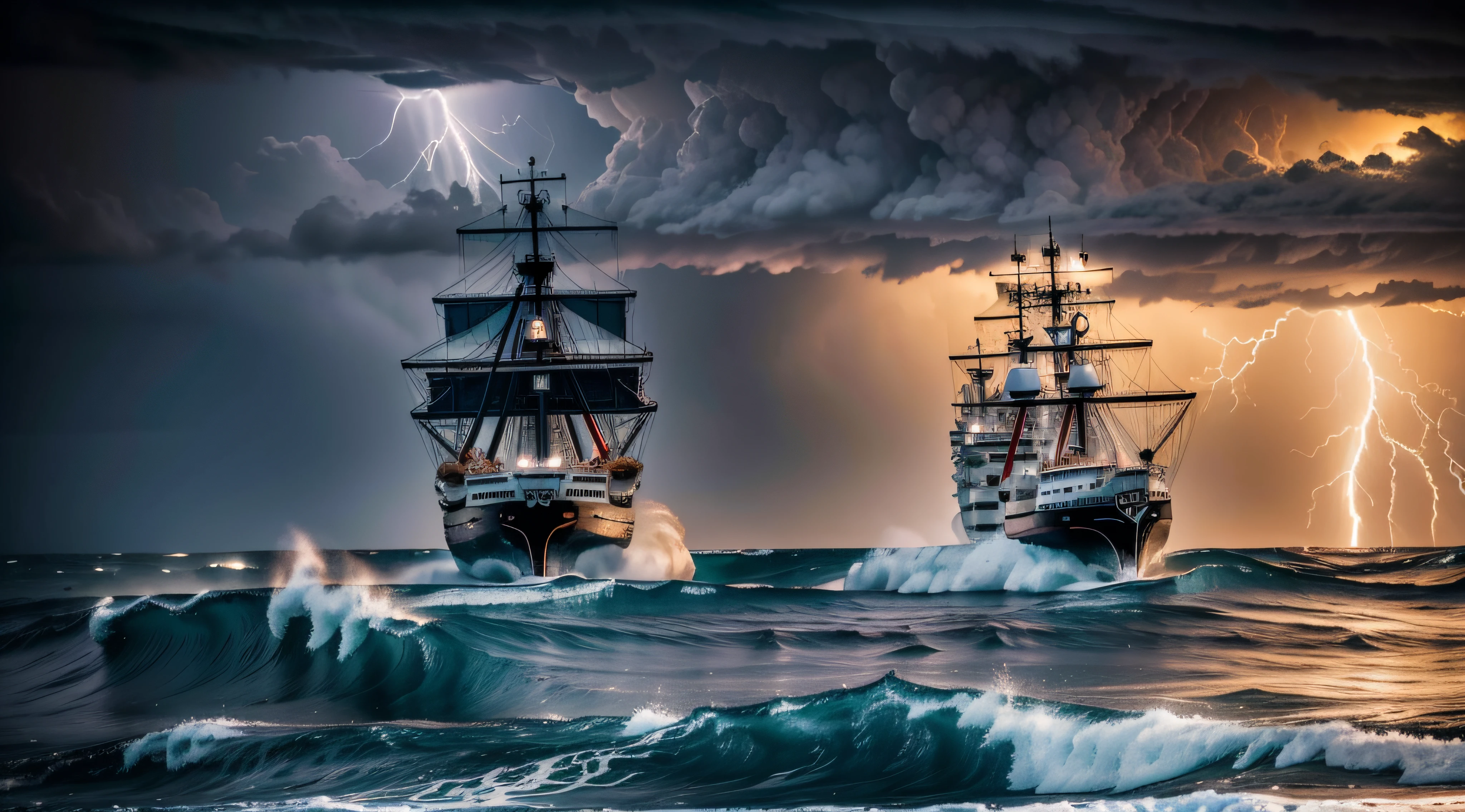 "Generate an ultra-high definition image portraying an ancient pirate ship bravely navigating through a tumultuous storm at sea, with towering ocean waves and electrifying lightning illuminating the chaos. Utilize advanced framing techniques to position the ship centrally, showcasing its rugged beauty and weathered details against the epic backdrop.
Experiment with a fast shutter speed to capture the ship's motion amidst the colossal waves, freezing the dynamic energy of the scene. Employ a wide aperture to create a sense of depth, allowing the viewer to appreciate both the ship's intricate features and the dramatic expanse of the storm.
Enhance the lighting to emphasize the ship's textures and the storm's intensity. Utilize the flashes of lightning to cast dramatic highlights and shadows across the ship's form, creating a captivating play of light.
Capture a lightning strike in mid-action to add a sense of drama and atmosphere. Employ the rule of thirds to frame the ship and the storm in a composition that balances the elements while evoking a feeling of awe and danger.
Implement post-processing techniques to refine the image's contrast, sharpness, and color balance, ensuring that every aspect, from the ship's weathered wood to the crashing waves, is rendered with breathtaking detail.
Ultimately, convey the thrilling adventure of a pirate ship battling nature's fury, inviting viewers to experience the awe-inspiring spectacle of a ship's journey through a storm's epic power and elemental grandeur."