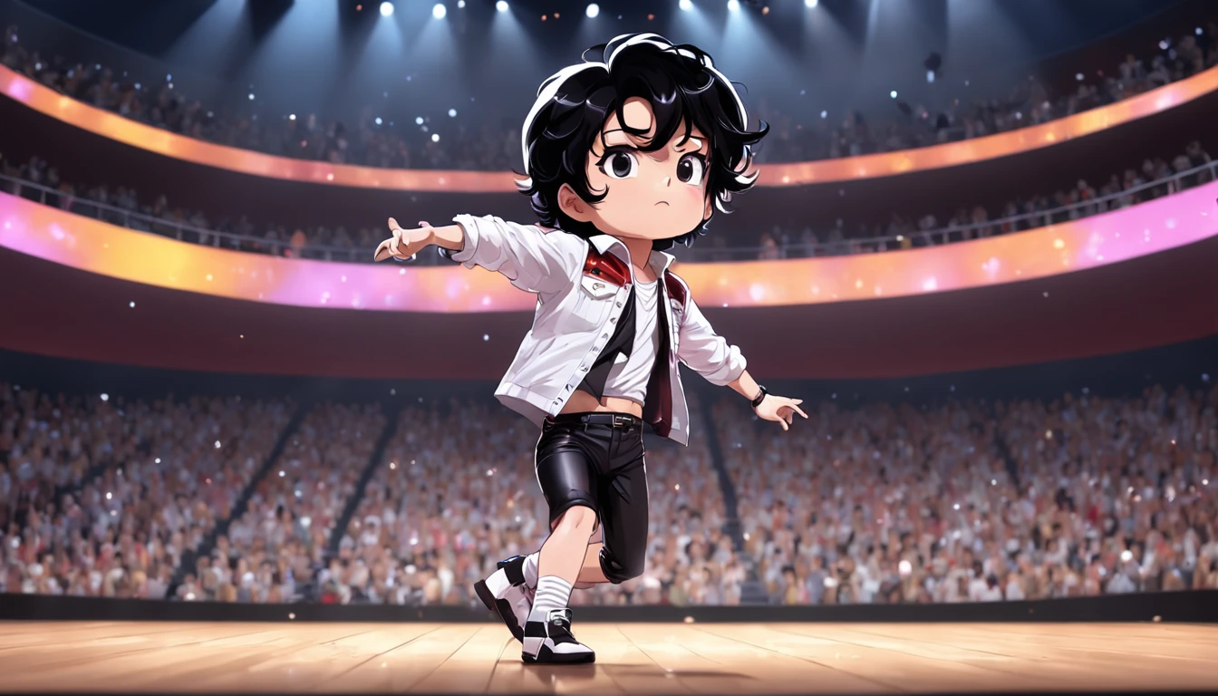 Michael Jackson On stage during one of his concerts doing the moonwalk, adorable, cute, chibi art style, pixar, real hair, 3d art, 4k ultra detail, realistic, cinematic lighting, high detail, hyper real photography