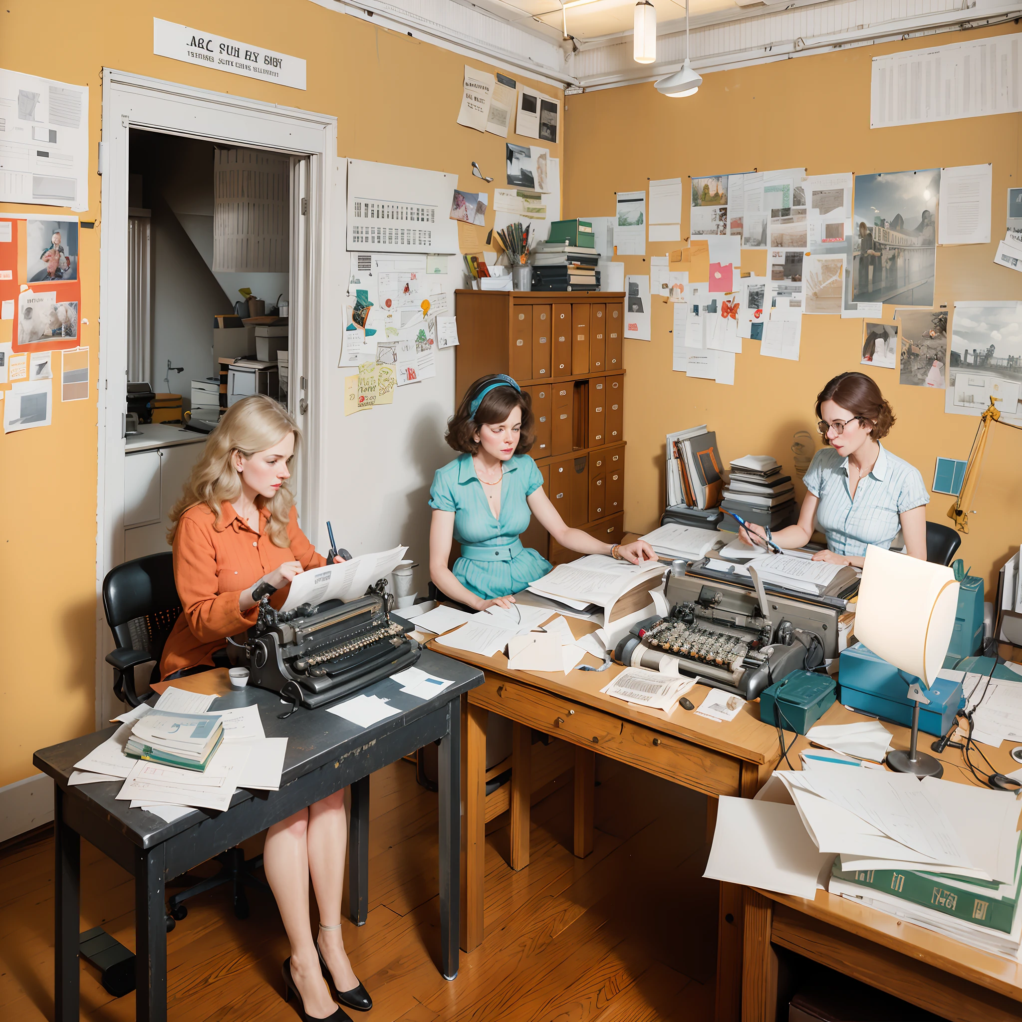 there are two women sitting at a desk with typewriters, background 1970s office, working in an office, press photography, by Alison Geissler, historical archive, photo still of, advertising photo, by Ken Elias, alexandra fomina, people at work, production photo, simin stalenhag, journalism, poster shot