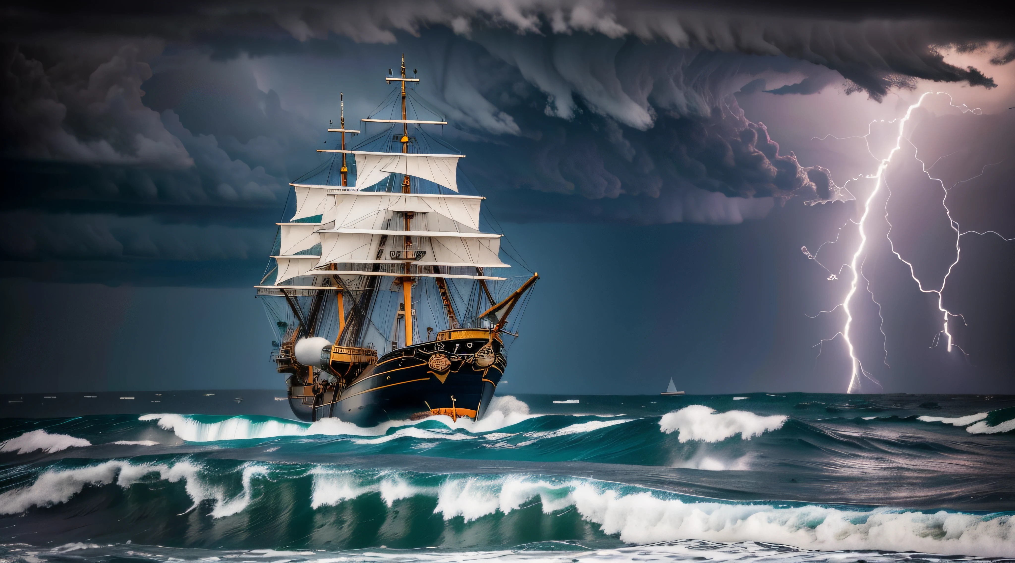 "Generate an ultra-high definition image of an ancient pirate ship battling the fury of a tempestuous sea. Utilize advanced lighting techniques to capture the interplay of lightning against the dark, dramatic sky, creating a sense of imminent danger and adventure.
Position the camera to capture the pirate ship's imposing silhouette as it rides the colossal ocean waves. Implement a wide-angle lens to encompass both the ship's detailed structure and the vast expanse of the stormy sea.
Employ a fast shutter speed to freeze the dynamic motion of the waves crashing against the ship, capturing the turbulent energy of the storm. Utilize diffused lighting to enhance the textures of the ship's timeworn wood and rigging, accentuating the dramatic atmosphere.
Experiment with exposure settings to bring out the intricate details of the ship's design, using the occasional lightning flashes to illuminate the scene in a dramatic burst of light. Enhance the image's color palette to emphasize the storm's intensity, contrasting the dark hues of the sky and sea with the ship's weathered tones.
Frame the ship within the composition using the rule of thirds, allowing the viewer's gaze to explore the ship's battle with the elements. Implement post-processing techniques to refine the image's contrast, sharpness, and color balance, ensuring that every aspect, from the crashing waves to the pirate ship's tattered flags, is rendered with breathtaking detail.
Ultimately, capture the heart-pounding drama of a pirate ship navigating the treacherous waters of a stormy sea, inviting viewers to experience the adrenaline and peril of a high-stakes nautical adventure."