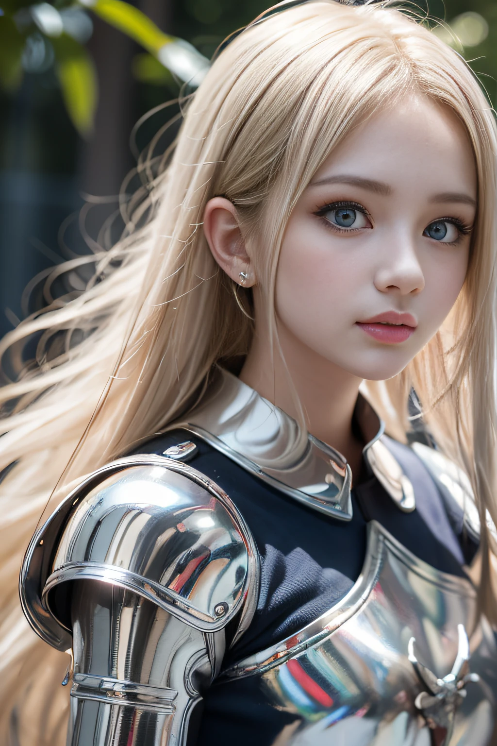 bright expression、poneyTail、Young shiny shiny white shiny skin、Best Looks、Blonde reflected light、Platinum blonde hair with dazzling highlights、shiny light hair,、Super long silky straight hair、Beautiful bangs that shine、Glowing crystal clear attractive big blue eyes、Very beautiful nice cute 16 year old girl、Lush bust,Beautiful detailed eyes, beautiful detailed nose,(( Full body:1.25)),Makeup that the eyes emphasize、((Pleated skirt with many folds)),(Women like Joan of Arc)、s Armor、Knights, With a sword and shield，Royal style，Comic style, , Sub-surface scattering, ornate detail, nature backdrop, Hyper-realistic, ((Cinematic)), Dramatic Lighting, masutepiece