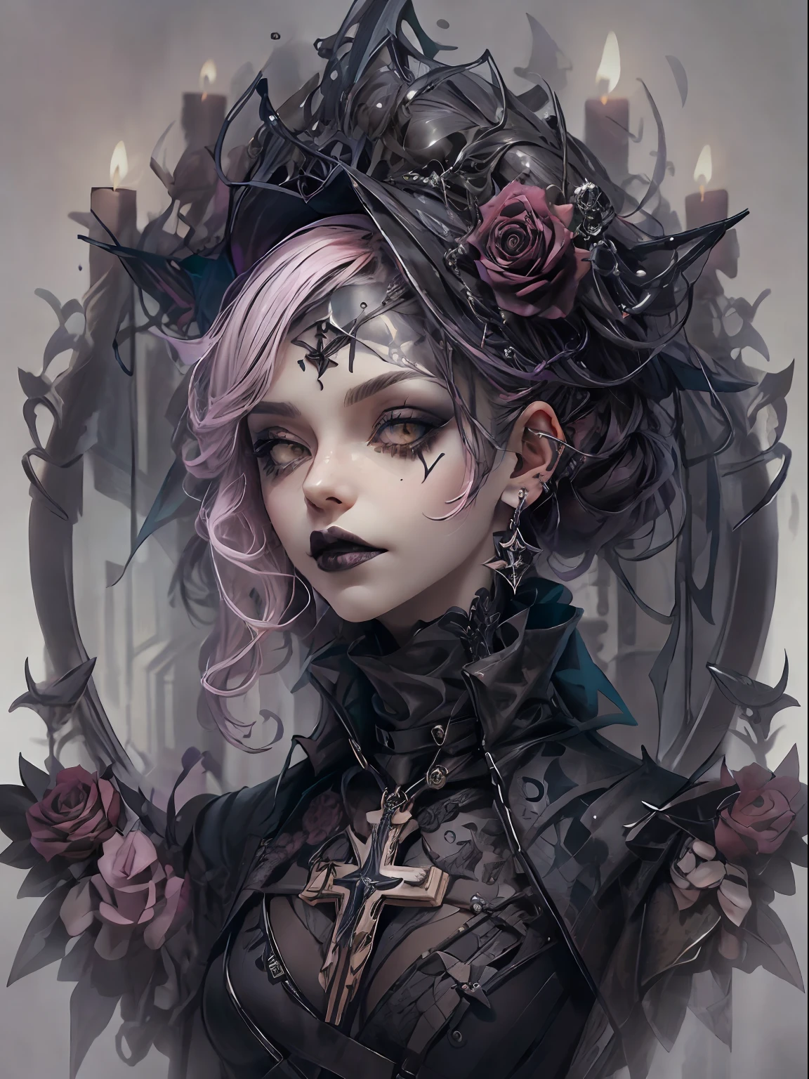 HighestQuali，tmasterpiece：1.2，Detailed details，1 Gothic girl，Black victorian dress，Gorgeous headdress，Bust，Rose flower，crosses，silver ornaments 、redheadwear、colorful hair with victorian updo hairstyle 、paleskin、Black lipstick and eye shadow，Accessories include the Cross Medal，Pentagram，crosses，cloaks，shawl，Sexy，chies，a lit candle, full body image