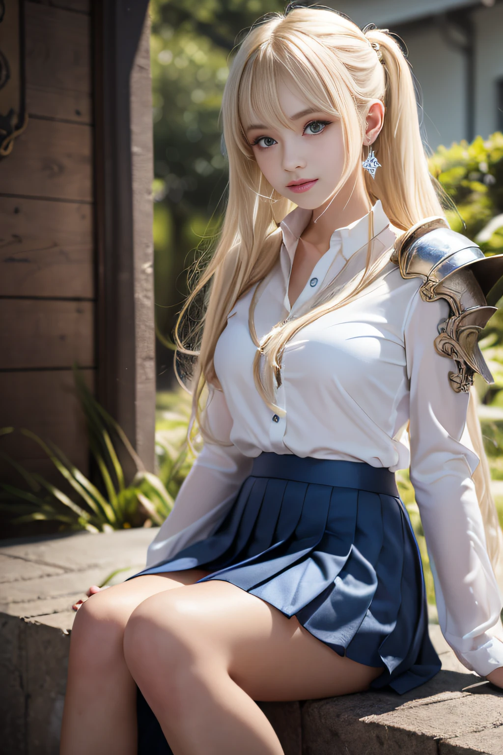 bright expression、poneyTail、Young shiny shiny white shiny skin、Best Looks、Blonde reflected light、Platinum blonde hair with dazzling highlights、shiny light hair,、Super long silky straight hair、Beautiful bangs that shine、Glowing crystal clear attractive big blue eyes、Very beautiful nice cute 16 year old girl、Lush bust,Beautiful detailed eyes, beautiful detailed nose,(( Full body:1.25)),Makeup that the eyes emphasize、((Pleated skirt with many folds)),(Women like Joan of Arc)、s Armor、Knights, With a sword and shield,Royal style,Comic style, , Sub-surface scattering, ornate detail, nature backdrop, Hyper-realistic, ((Cinematic)), Dramatic Lighting, masutepiece