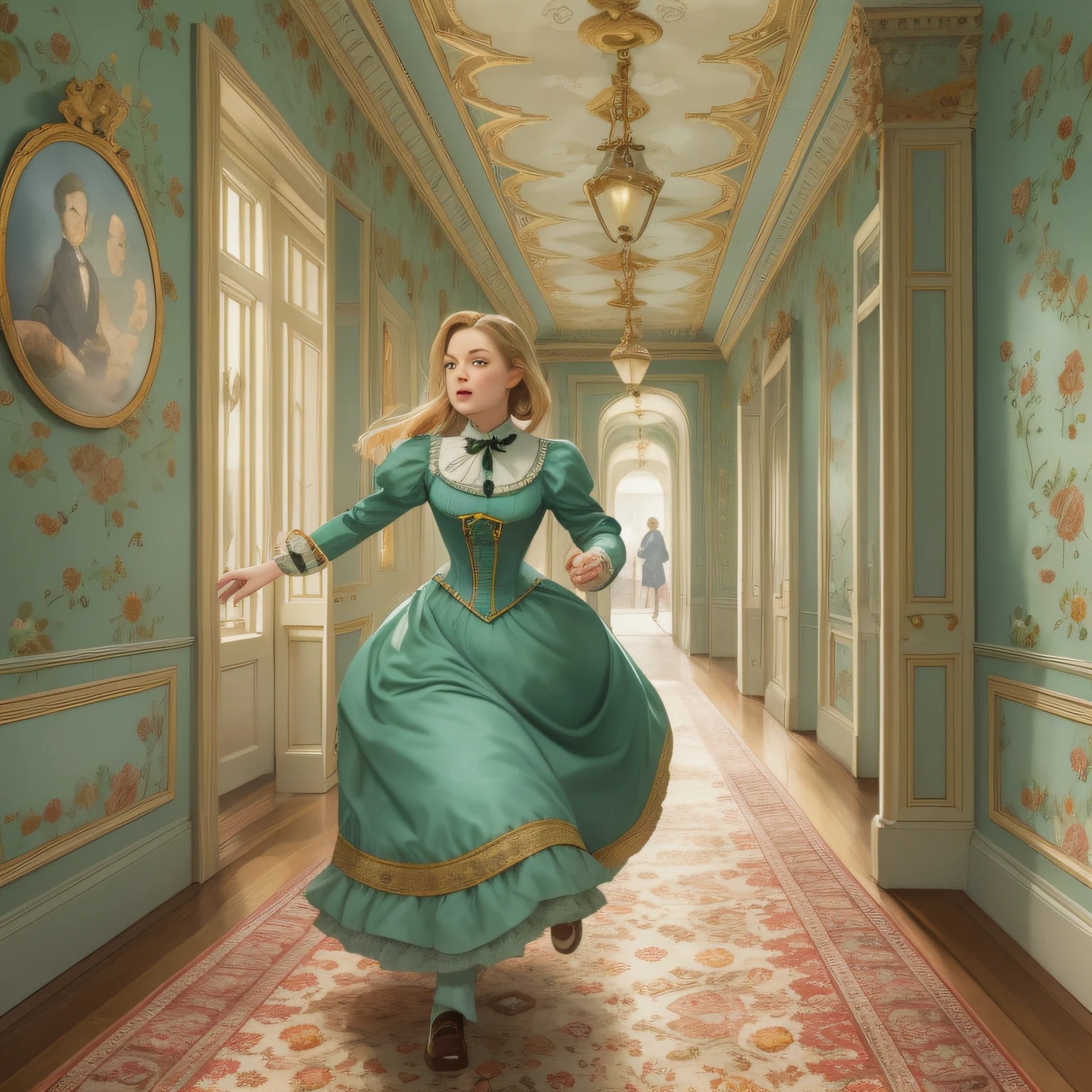 John Tenniel art, stunningly beautiful but frustrated Greer Grammer running down an ornate hallway wearing a Victorian morning dress