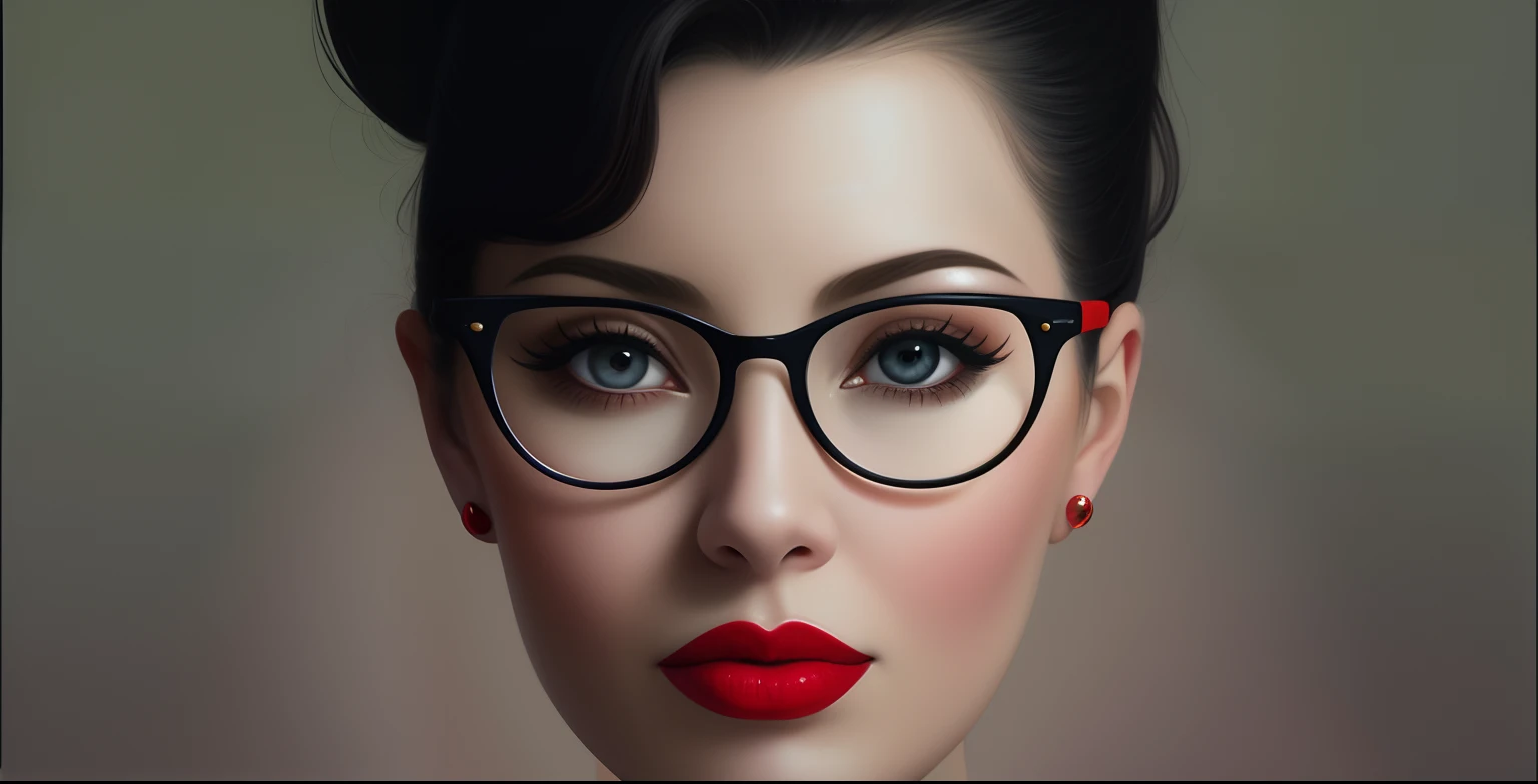 Painting of a woman with glasses and a red lip, retrato feminino realista, girl with glasses, retrato de alta qualidade, pintura digital fotorrealista, pintura digital ultra realista, pintura digital realista, retrato bonito detalhado, Tom Bagshaw Estilo, rosto bonito hiperrealista, rosto bonito fotorrealista, arte digital ultrarrealista, retrato de beleza detalhado, retrato realista da foto, Realistic portrait