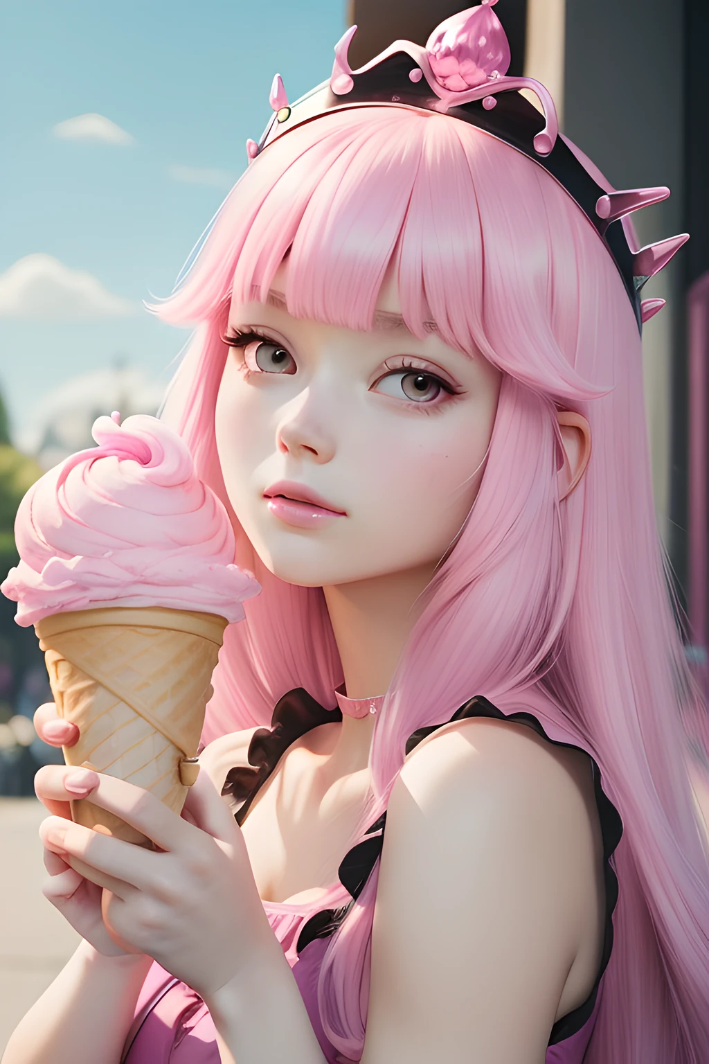 (masterpiece, ultra detailed) ((Princess bubblegum)), (adventure time character), ((black eyes)), (holding a ice cream), ((pink skin)), ((lined bangs)), ((wearing a pink dress)), ((wearing a simple crown)),