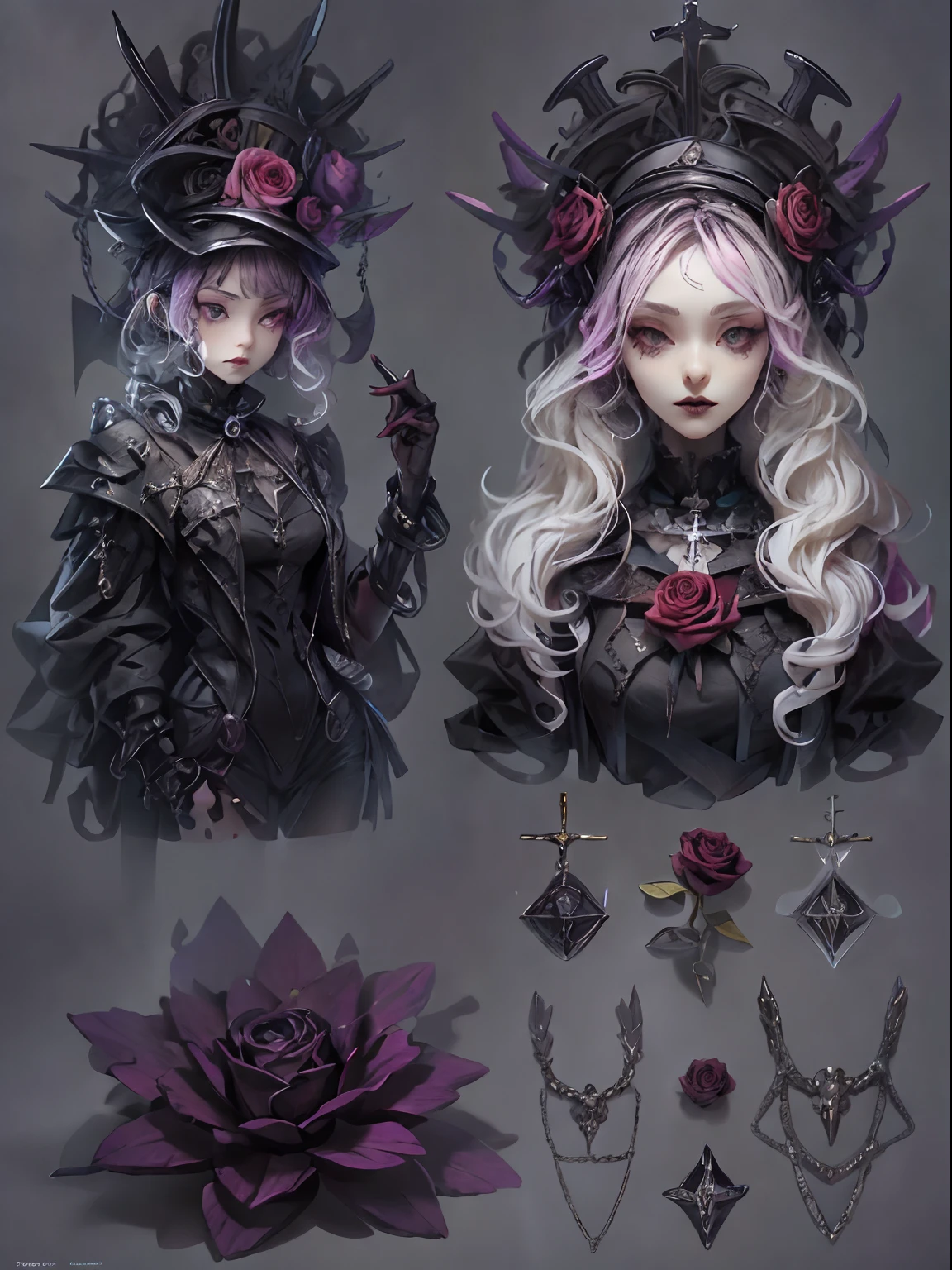 HighestQuali，tmasterpiece：1.2，Detailed details，1 Gothic girl，Black victorian dress，Gorgeous headdress，Bust，Rose flower，crosses，silver ornaments 、redheadwear、colorful hair with victorian updo hairstyle 、paleskin、Black lipstick and eye shadow，Accessories include the Cross Medal，Pentagram，crosses，cloaks，shawl，Sexy，chies，a lit candle, full body image