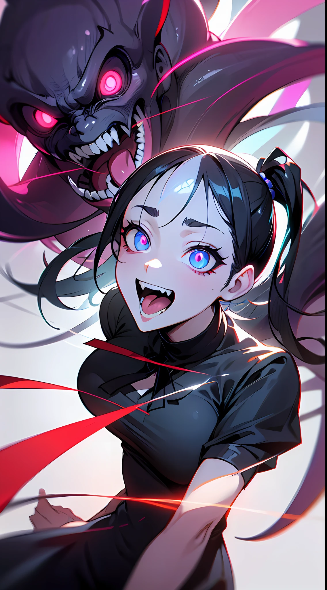 YAMEROYANDERE CONSTRICTED PUPILS YANDERE EMPTY EYES SHADED FACE CRAZY EYES GLOWING EYES CRAZY SMILE DARK, (((Masterpiece))), (((best quality))), ((ultra-detailed)), (illustration), (realistic:1.2), (photorealistic:1.2), (light-shadow_symmetry:1.5), (Masterpiece), (an extremely detailed and delicate), (8k cg wallpaper), (realism), (stunning art), (illustration), (ultra-detailed), (dynamic angle), (epic), (dynamic pose), overexposure, illustration, spot color, dynamic pose, perfect anatomy, evil_grin, Beautiful detailed eyes, beautiful detailed face, beautiful detailed mouth, black hair, blue eyes, side ponytail, long hair with blue highlights, black short dress, huge tits, evil_grin,junji ito style,upper body,tongue out, teeth,tentacles, open mouth,