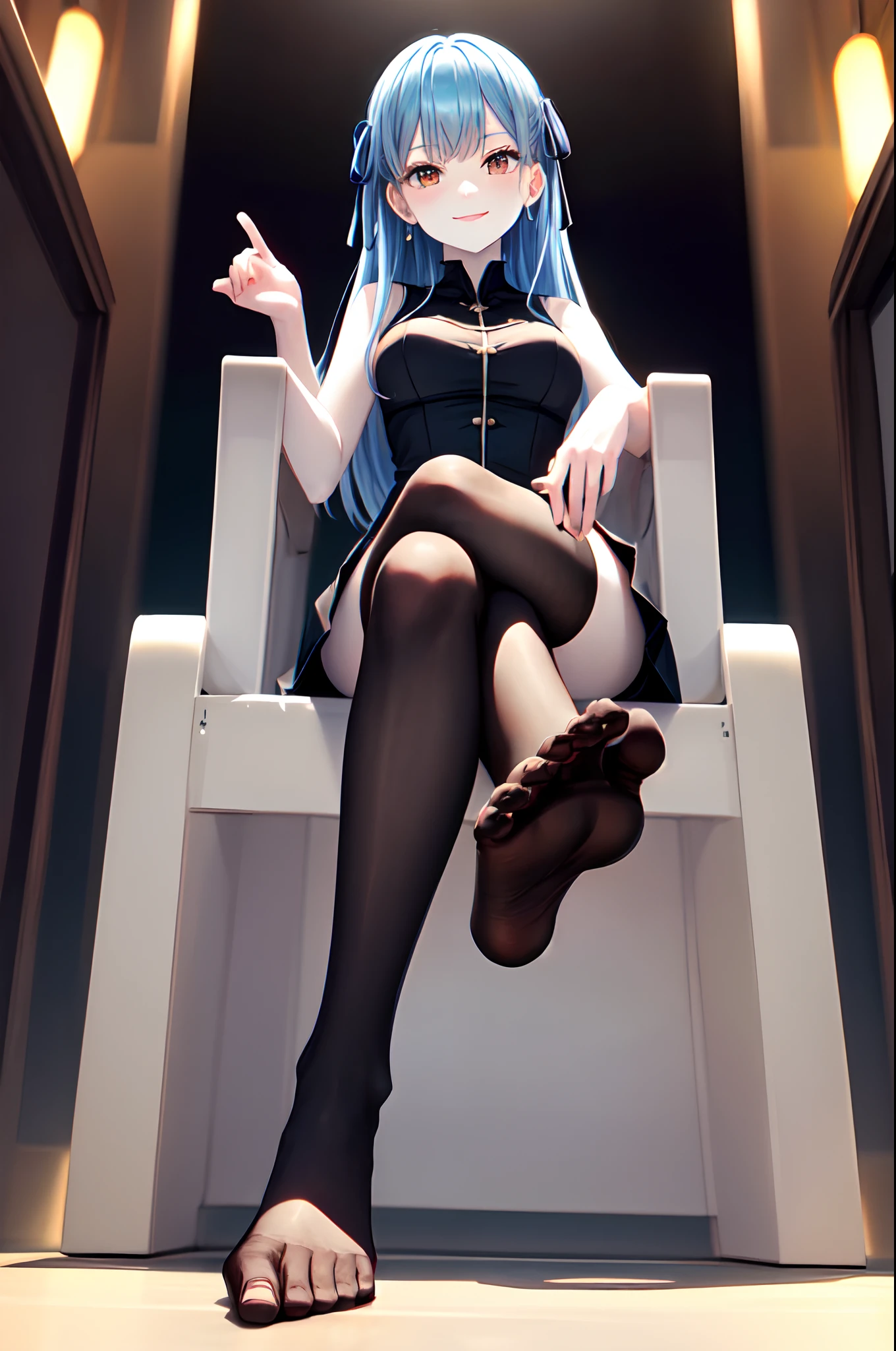 (((foot focus))), foot towards camera, foot towards viewer, from below, (black thighhighs), showing foot to viewer, (presenting foot), looking at viewer, from below, (hand on own thighs), eyelashes, (pale skin:1.4), anime style, masterpiece, 8k, sharp details, 1girl, solo, light blue hair, full body black dress with skirt, mature female, medium breasts, black side twin hair ribbon, brown eyes, long hair, sleeveless, closed mouth, crossed legs, light smile, sitting