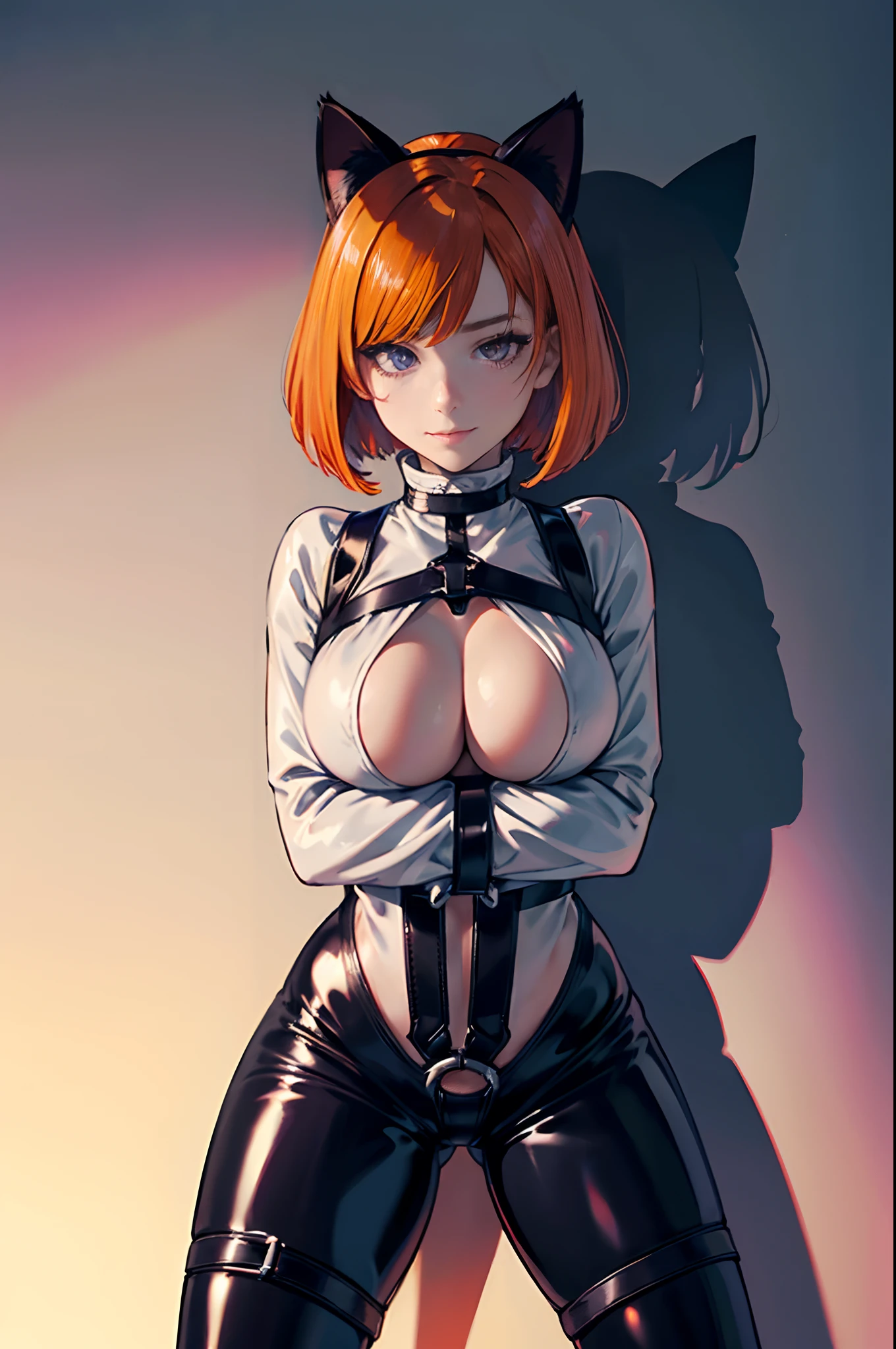 ((Best quality, 8k, Masterpiece :1.3)), 1girl, thicc catgirl with emphasis on her curves: 1.3, (side shave, bob cut, large breasts: 1), evening wear: 1.2, ultra-detailed face, delicate eyes,soft breasts, smile, (short hair: 1.3), straight hair, (orange hair: 1.3), (purple eyes: 1.4), (((((black)) cat ears))), (((black))) cat tail, ((solo)), ((((latex, strapped, restrained, harness, straitjacket, bondage))))