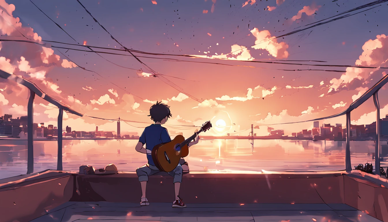 Anime boy sitting on a ledge playing a guitar at sunset, Anime Art Wallpaper 8K, Anime Art Wallpaper 4K, Anime Art Wallpaper 4K, Estilo anime 4K, 4k anime wallpapers, 4k anime wallpapers, 4k anime wallpapers, Wallpapers manga 4K wallpapers, Makoto Shinkai Cirilo Rolando, The girl plays guitar, lofi