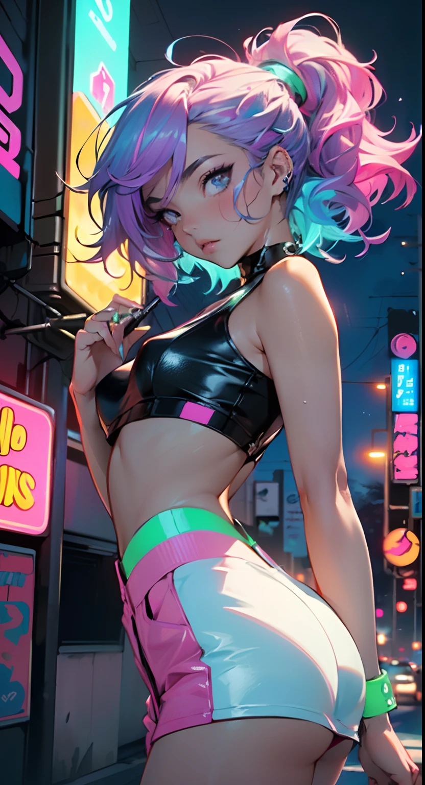 cute little cartoon loli,(((little li,small tiny body,petite))),(((6 ye),((extremely cute and beautiful liquid paint hair haired anime girl walking down the street)),

(((flat chest))),saggy breasts,short hair,(((liquid paint hair:1.1,neon purple hair|neon pink hair|neon blue hair|neon aqua hair|purple hair|fuchsia hair|fluorescent blue hair|amethyst hair|neon hair|bright pink hair :1.5,bright hair: 1.3,hair made of paint and defies gravity,thick flowing,paint splatter:1.3,shiny hair: 1.3,vibrant colored hair))),((heterochromia,eye1 purple,eye2 pink,upturned eyes:1.3,perfect eyes,beautiful detailed eyes,rainbow glows ultra-detailed deep pink purple eyes:1.1,gradient eyes:1,finely detailed beautiful eyes:1,symmetrical eyes:1,big highlight on eyes:1.2)),((fat)),(((lustrous skin:1.5,bright skin: 1.5,skin tanned,shiny skin,very shiny skin,shiny body,plastic glitter skin,exaggerated shiny skin))),(delicate detailed fingers,detailed body,detailed arms,human hands),

cute,slutty,seductive,erotic,(((nsfw))),

revealing clothing,show skin,(wearing a Neon color theme clothing:1.3,micro clothes,little clothing,fluorescent and neon clothing,rave fashion,micro crop top,micro skirt,visible thong straps,accessories LED,detailed outfit,detailed clothes),

(dynamic pose:1.0),solo focus,embarrassed,centered,scale to fit dimensions,Rule of thirds,

outdoors,((night view)),(very pretty city neon synthwave,cyberpunk night street Background:1.5,dark sky,thick clouds),((neon lights)),(cyberpunk style,neon lights, (synthwave theme background), lonely street),(((detailed background:1.25))),

(best quality),(high resolution),(sharp focus),(ultra detailed),(extremely detailed),(extremely high quality artwork),8k_wallpaper,(extremely detailed CG 8k),(very fine 8K CG),((hyper super ultra detailed perfect piece)),flawless,(((masterpiece))),illustration,vibrant colors,(intricate),High contrast,Selective lighting,Double exposure,HDR (High Dynamic Range),Post-processing,Background blur,