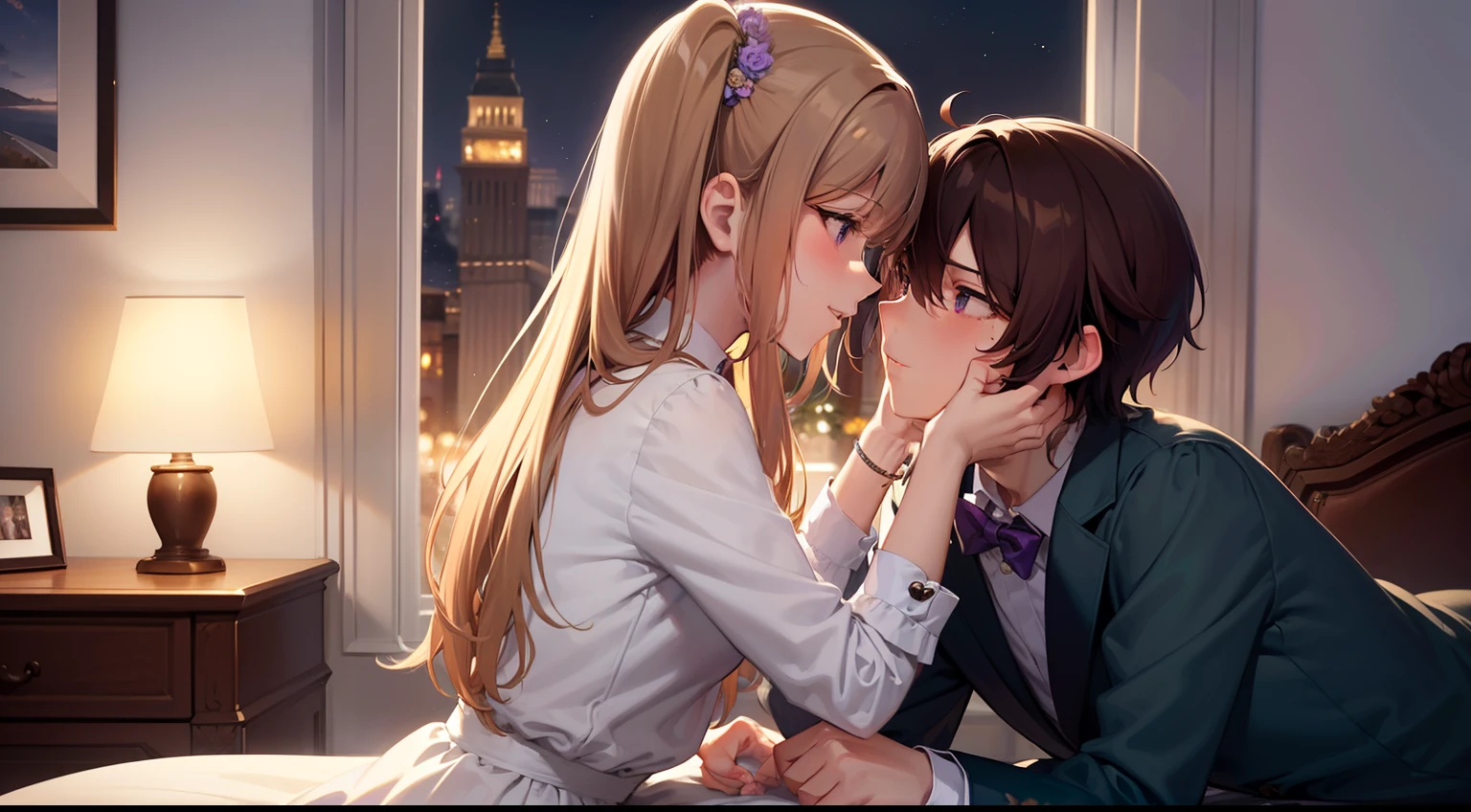 styles, ​masterpiece, top-quality, Special details, illustratio, Romance, a couple,tenderness, inner strength,a bed,natta, At night,The Atmosphere of Love, Blissful, Girl brown hair, Purple eyes, poneyTail, a couple, date, Profile of a man with golden hair,Green eyes,