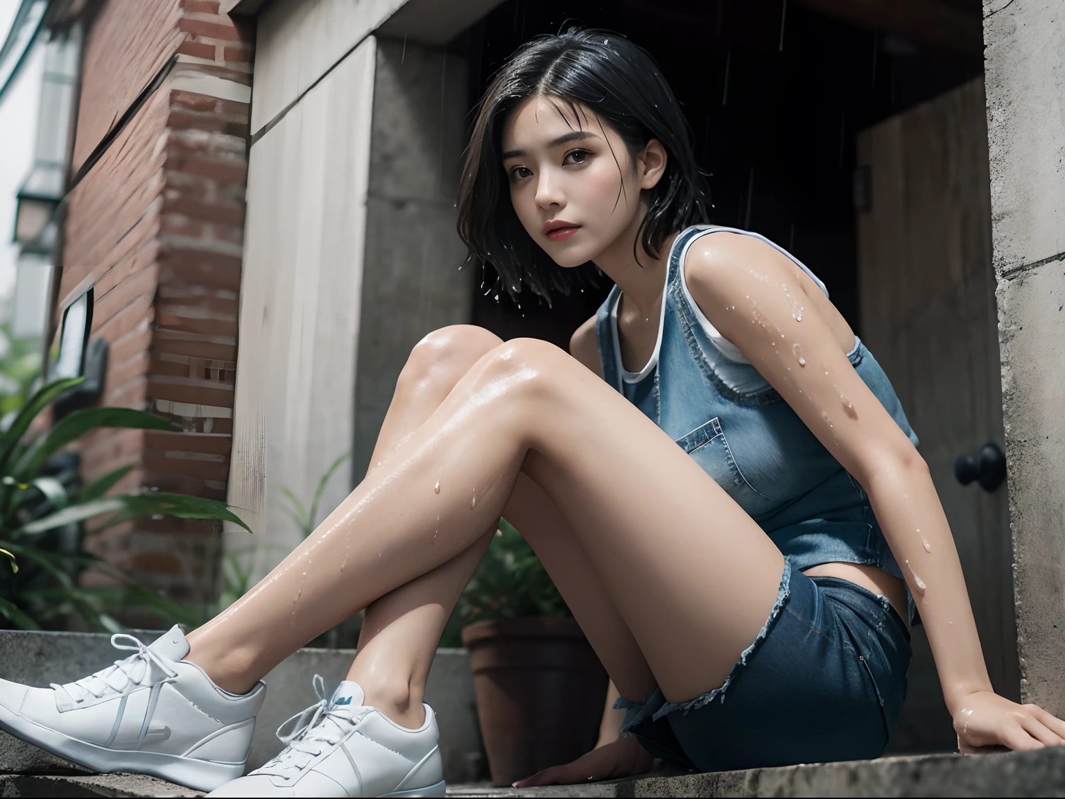 best image quality, masterpiece, super high resolution, (fidelity:1.4), photo, 1 girl, white shirt, torn jeans, white sneakers, dim, darkness, despair, pity, poor, movie, tears, teardrops, (torn clothes:1.5), (wet clothes:1.4), bare shoulders, real rain, wet hair,..