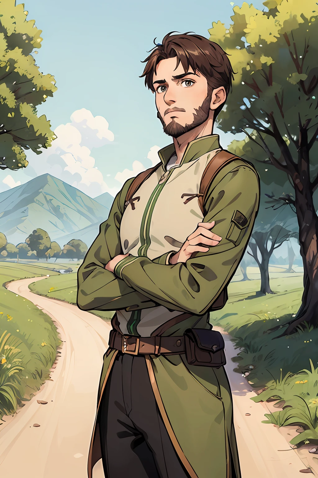 Adventurers uniform, light green and brown clothing, young men, 19 years, brown eyes, detailed eyes, brown hairs, short hair, small beard, cool expression, cool pose, athletic, chill pose, masterpiece, fields background, dirt path background, adventurer world