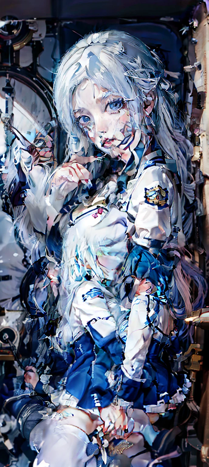 Close-up of a man with long blue hair in a sailor's costume, an anime drawing inspired by Rei Kamoi, trending on pixiv, tachisme, Anime girl cosplay, Anime girl in real life, long white hair, Perfect white haired girl, She has a cute face, anime-inspired, She has milky white skin!!!, as an anime character,Super big breasts,exposed