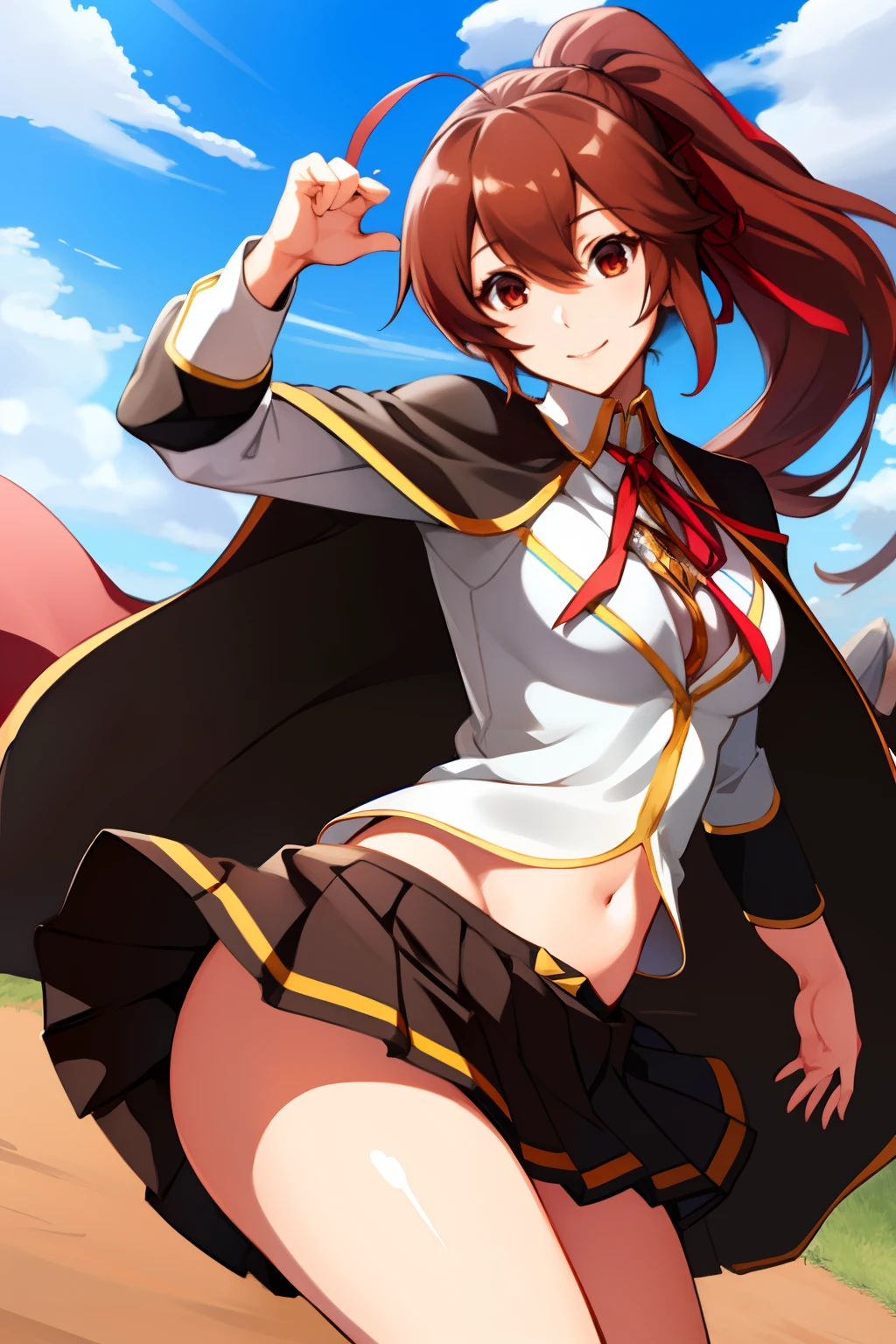 (masterpiece, best quality, high resolution), 1girl, celicams, ponytail, ribbon, cape, school uniform, skirt, pleated skirt, miniskirt, navel, wind lift, no panties, dancing, wink, smile