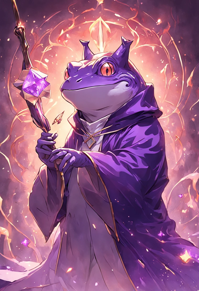 "(muitos detalhes, qualidade de obra-prima), Realistic tattoo illustration, A frog wearing purple wizard clothes and holding a magic wand"