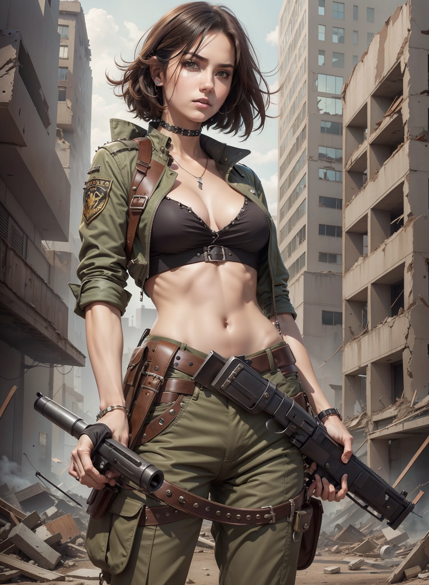 Medium-chested woman, trousers, rivets, holsters, large gun, in ruins