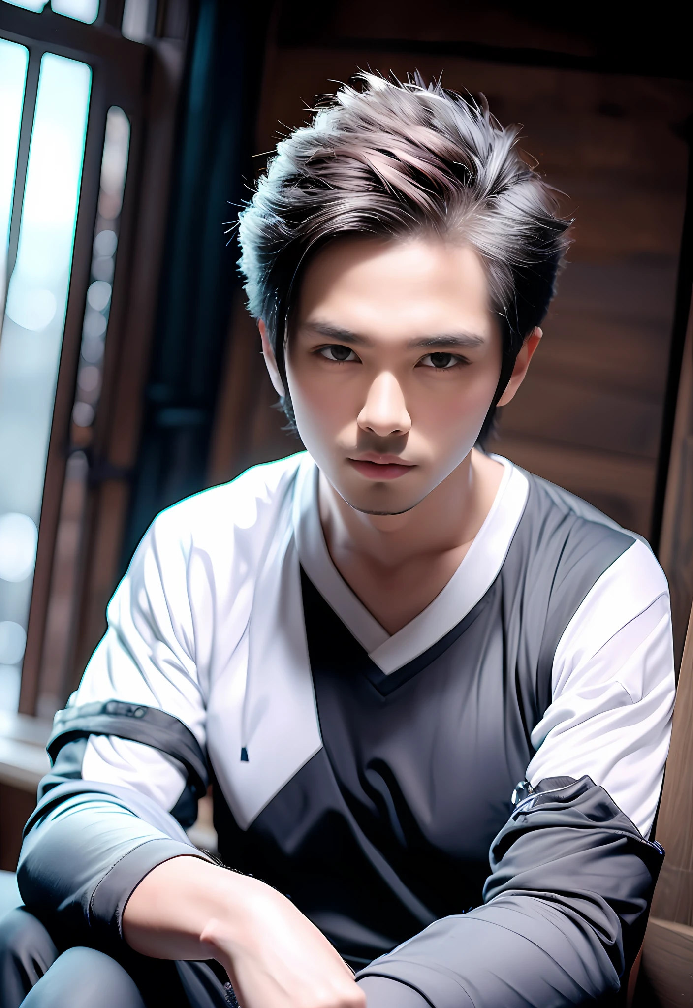 Allafed man in black shirt and black shirt sitting on bed, hsiao-ron, handsome chad chin, Asian Male, andrew thomas huang, taken in the early 2020s, profile photo, Christopher C. Lee, Korean Male, 2 7 years old, 2 8 years old, profile picture 1024px, Michael Okuda