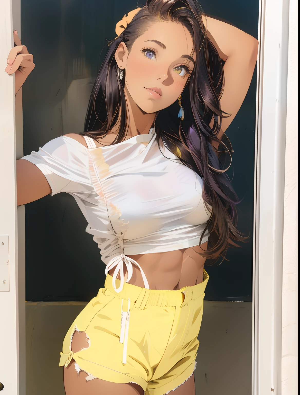 estatura alta, Largo, cabello verde ondulado. Ojos azul claro brillantes y expresivos.. Slim and athletic silhouette.. Ella llevaba pantalones cargo, una camiseta estampada y una chaqueta impermeable. Ella llevaba zapatos deportivos., grande , grande ass, grande hip