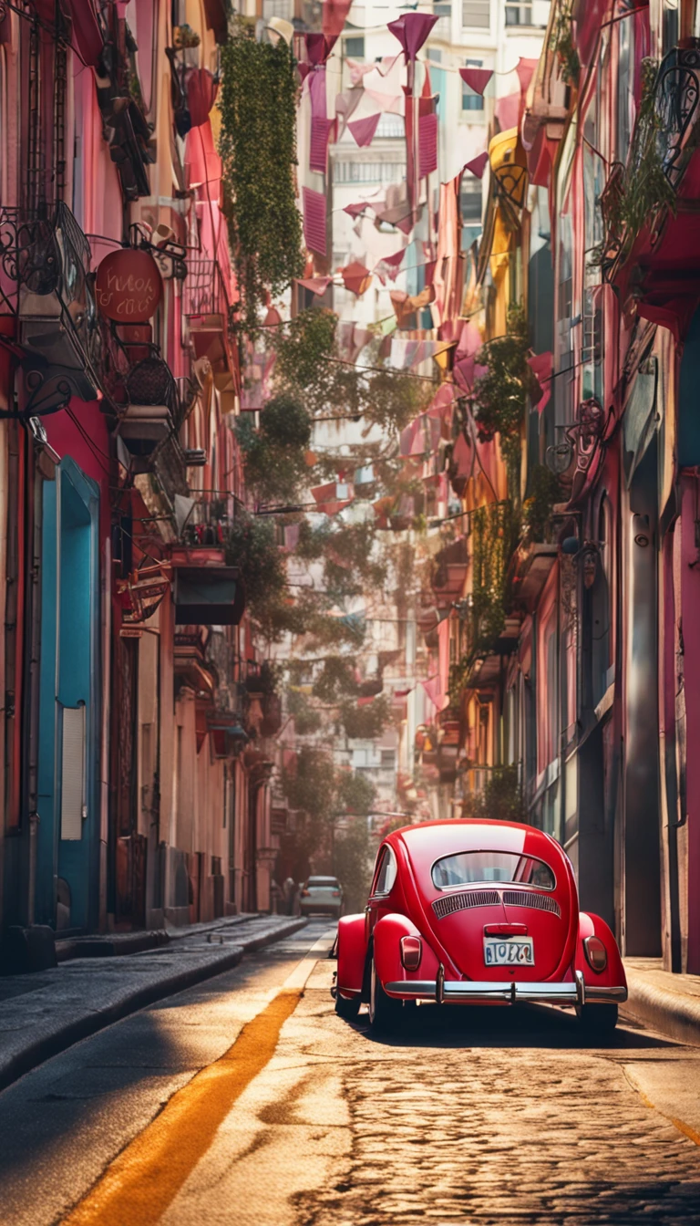 Um carro vermelho, modelo Volkswagen fusca 1950, na cidade, ::n_baixa qualidade, boneco, anime, imperfeito