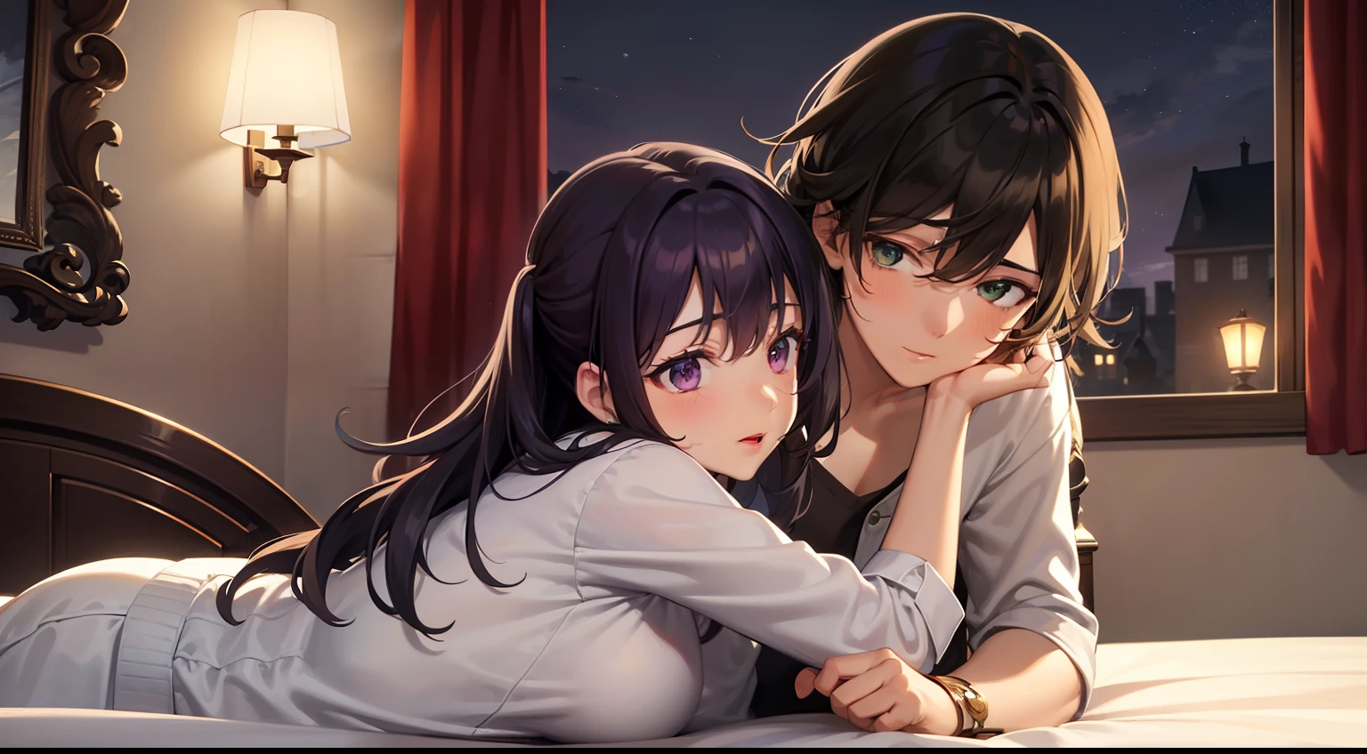 styles, masterpiece, top-quality, Special details, illustratio, Romance, a couple,tenderness, inner strength,a bed,natta, At night,The Atmosphere of Love, Blissful, Girl brown hair, Purple eyes, poneyTail, a couple, date, Profile of a man with black hair,Green eyes,