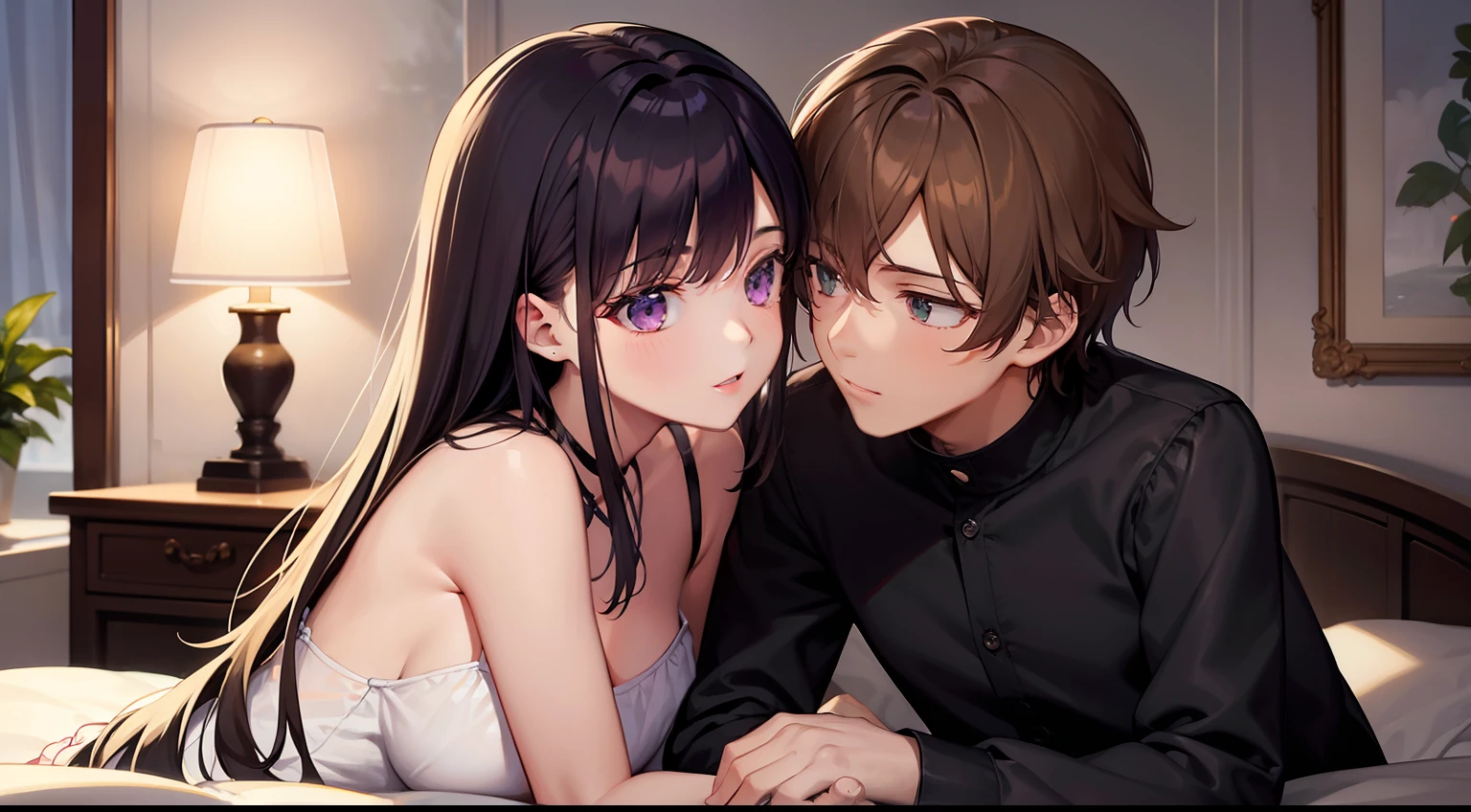 styles, masterpiece, top-quality, Special details, illustratio, Romance, a couple,tenderness, inner strength,a bed,natta, At night,The Atmosphere of Love, Blissful, Girl brown hair, Purple eyes, poneyTail, a couple, date, Profile of a man with black hair,Green eyes,
