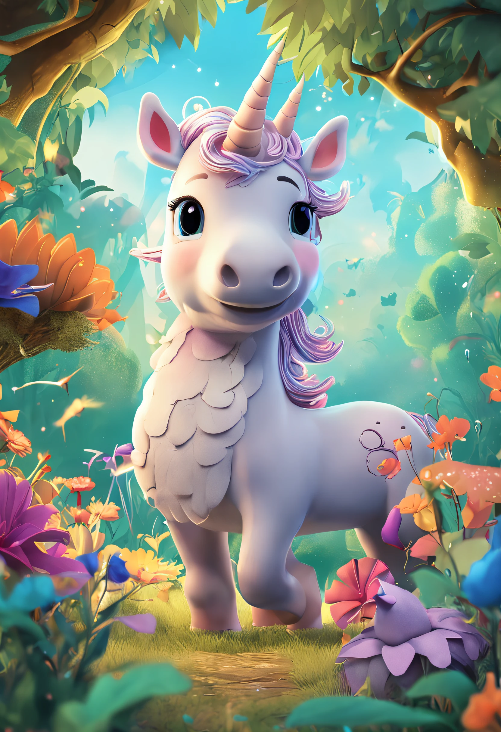 Uma noite, The sky fills with bright stars and a full moon,Introduza Aurora, The friendly unicorn, que vive na Floresta Encantada. Meet your Soren friends, o coelhinho, e Lumi, a fada das flores. Mostre como eles brincam juntos e cuidam da floresta.