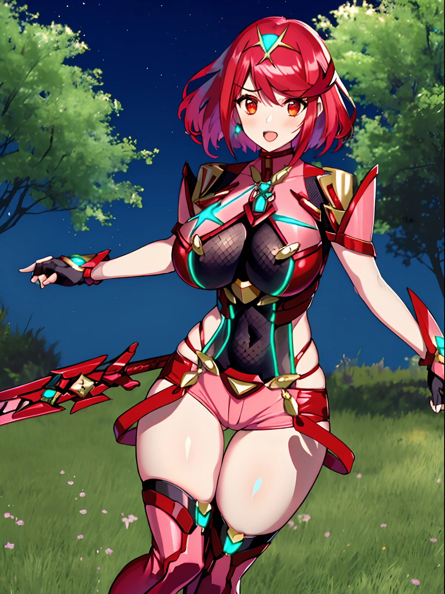pyra \(Xenoblade\), Teen_1girl in, armor, Bangs, Black Gloves, breasts, Red Eyes, Closed mouth, earrings, Eyelashes, Fingerless gloves, Floating hair, framed breasts, Pedras preciosas, gloves, Hair Ornament, headpiece, Jewelry, Big_breasts, Leaning back, Leotard, neon trim, Official art, Pose, Red hair, Red shorts, Masatsugu Saito, Short hair, Short shorts, Short sleeves, Shorts, side locks, Skin Tight, Solo, Standing, swept bangs, thighs thighs thighs thighs, tiarra, Night_grass field_Background, turtle neck, Underbust, vambraces, Xenoblade Chronicles \(Series\), (Xenoblade Chronicles 2), apart_Legs, fire_effect,Dynamic_Pose,Fighting,light_Smile, (Plump:1.1), Big_Ass,Huge_Sword, Hold_Large_Sword_Grip, Solo, Covered_, Covered_,Open_Mouth,Back_View, faust,